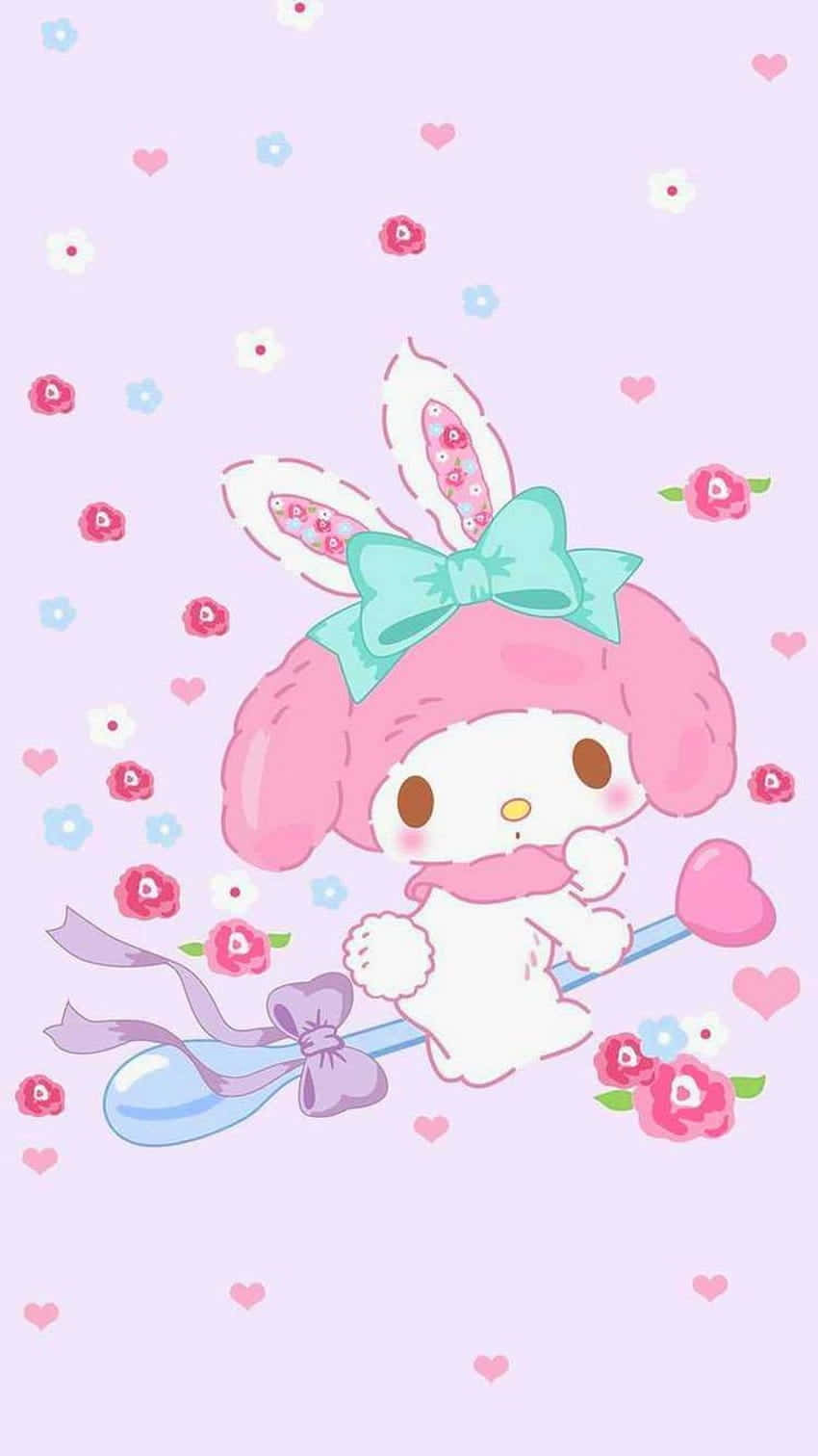 Cartoon Characters 桌布 壁紙 — 一隻可愛的粉紅色兔子角色，戴著青綠色蝴蝶結，坐在藍色湯匙上，周圍環繞著花朵和心形圖案，背景為粉紫色。