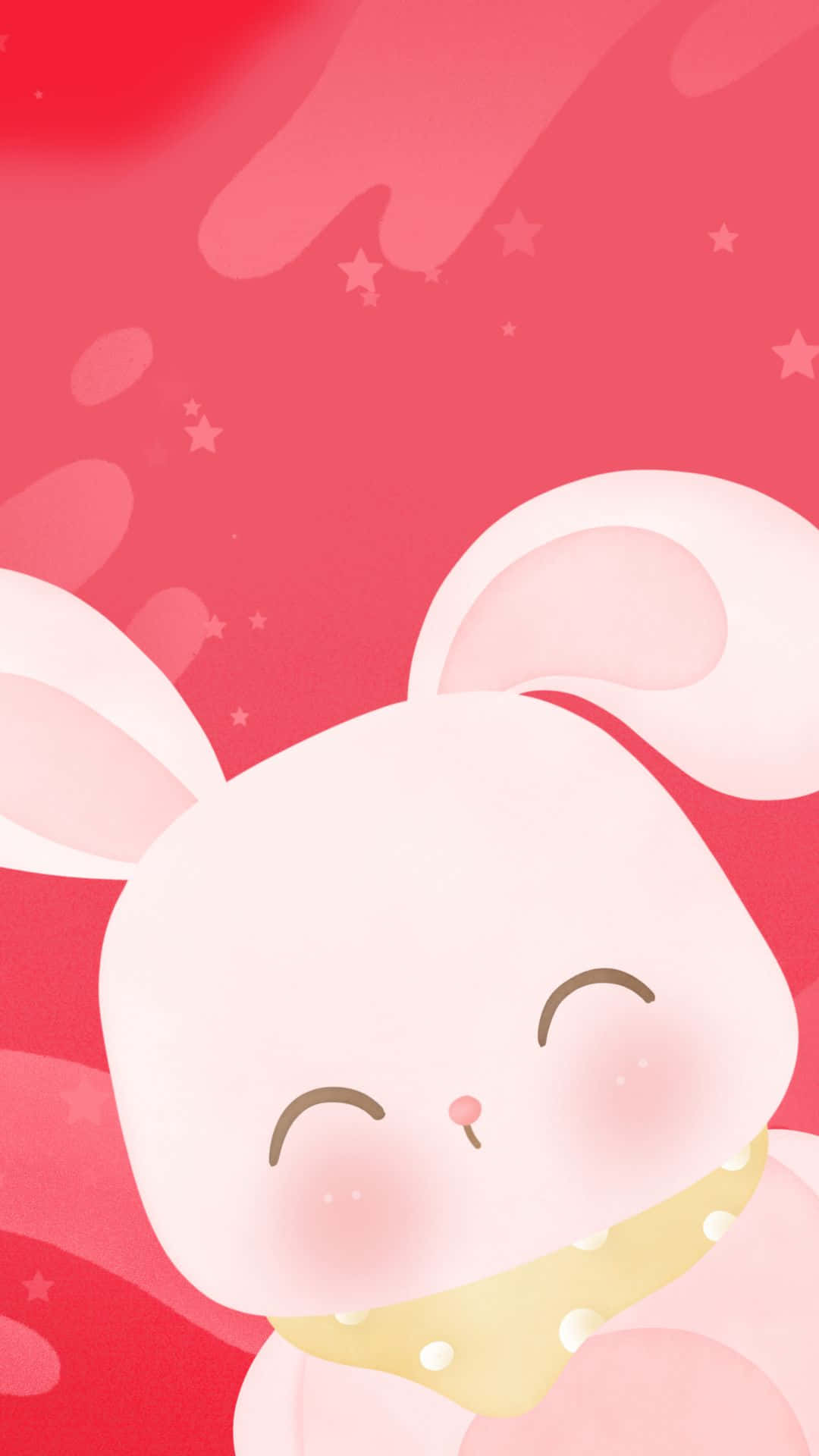 Pink Bunny 桌布 壁紙 — 一隻可愛的粉紅色兔子閉著眼睛，戴著黃色圍巾，在充滿漂浮星星的鮮豔紅色背景前微笑。
