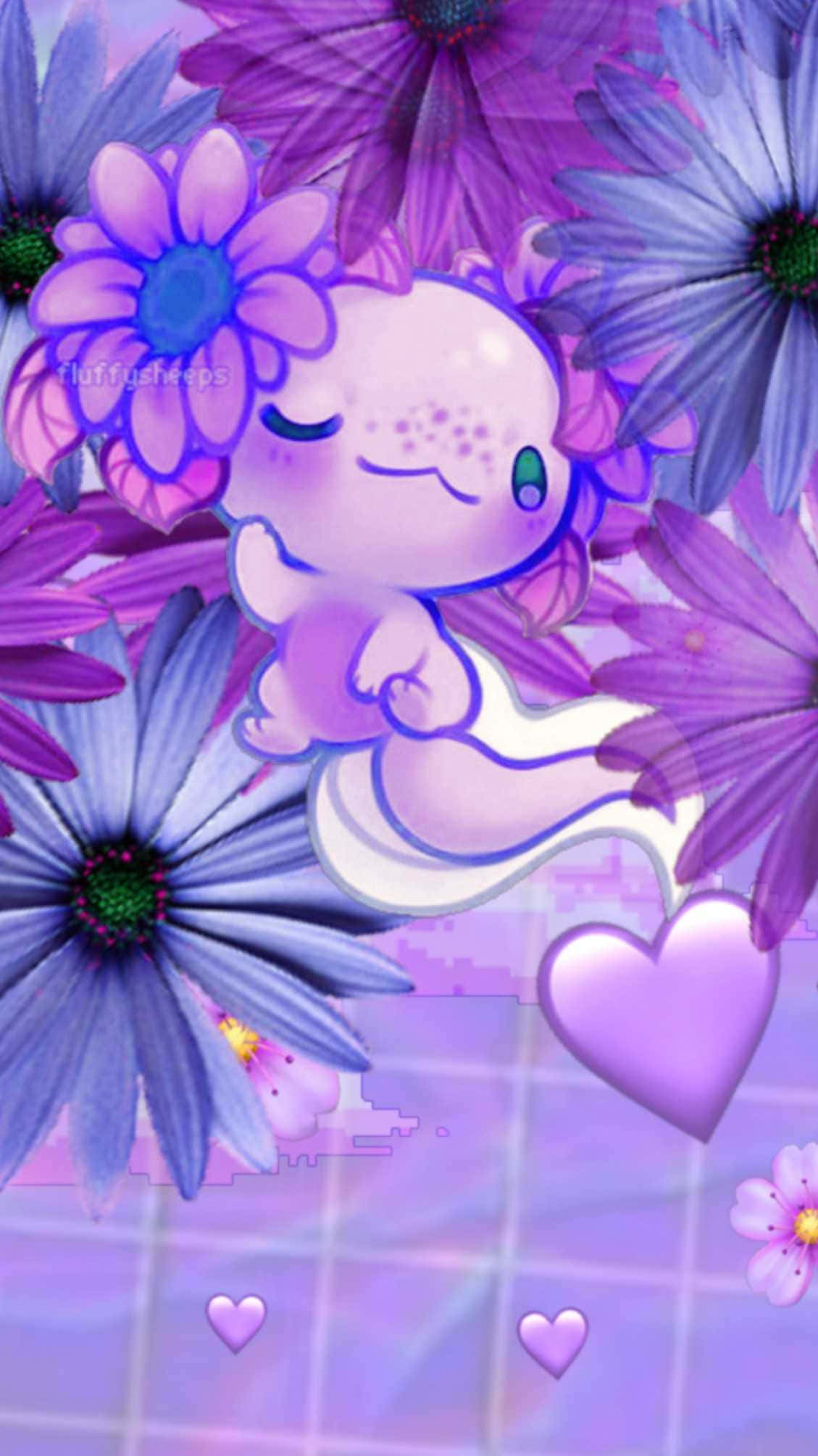 墨西哥鈍口螈 桌布 壁紙 — 一隻可愛的粉紅色六角恐龍閉著一隻眼睛，漂浮在充滿活力的紫色和藍色花朵以及漂浮的愛心中。