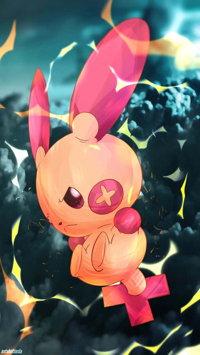Pokemon Aesthetic 桌布 壁紙 — 一隻可愛的粉紅色動漫兔子，有著發光的眼睛和紅色十字標誌，漂浮在烏雲和火熱的火花中。