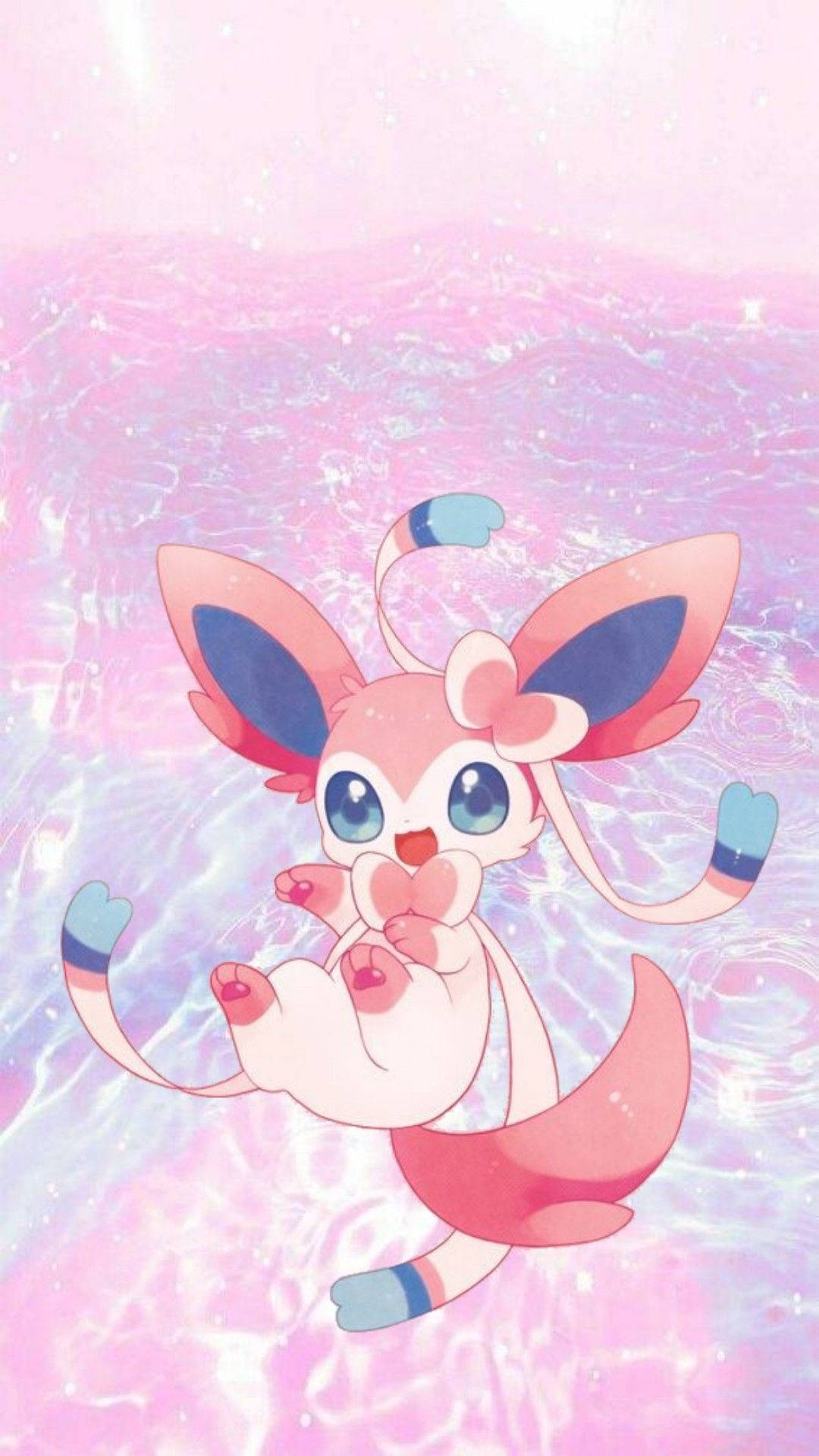 Sylveon 桌布 壁紙 — 一隻可愛的粉紅色動漫狐狸，藍色眼睛和蝴蝶結，漂浮在閃閃發光的水中，背景是粉彩粉紅色。