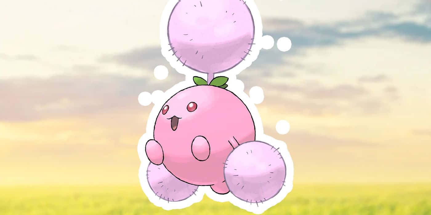 Pokemon Aesthetic 桌布 壁紙 — 一隻可愛的粉紅色動漫風格寶可夢在日落時分快樂地漂浮在金黃色的田野上方。