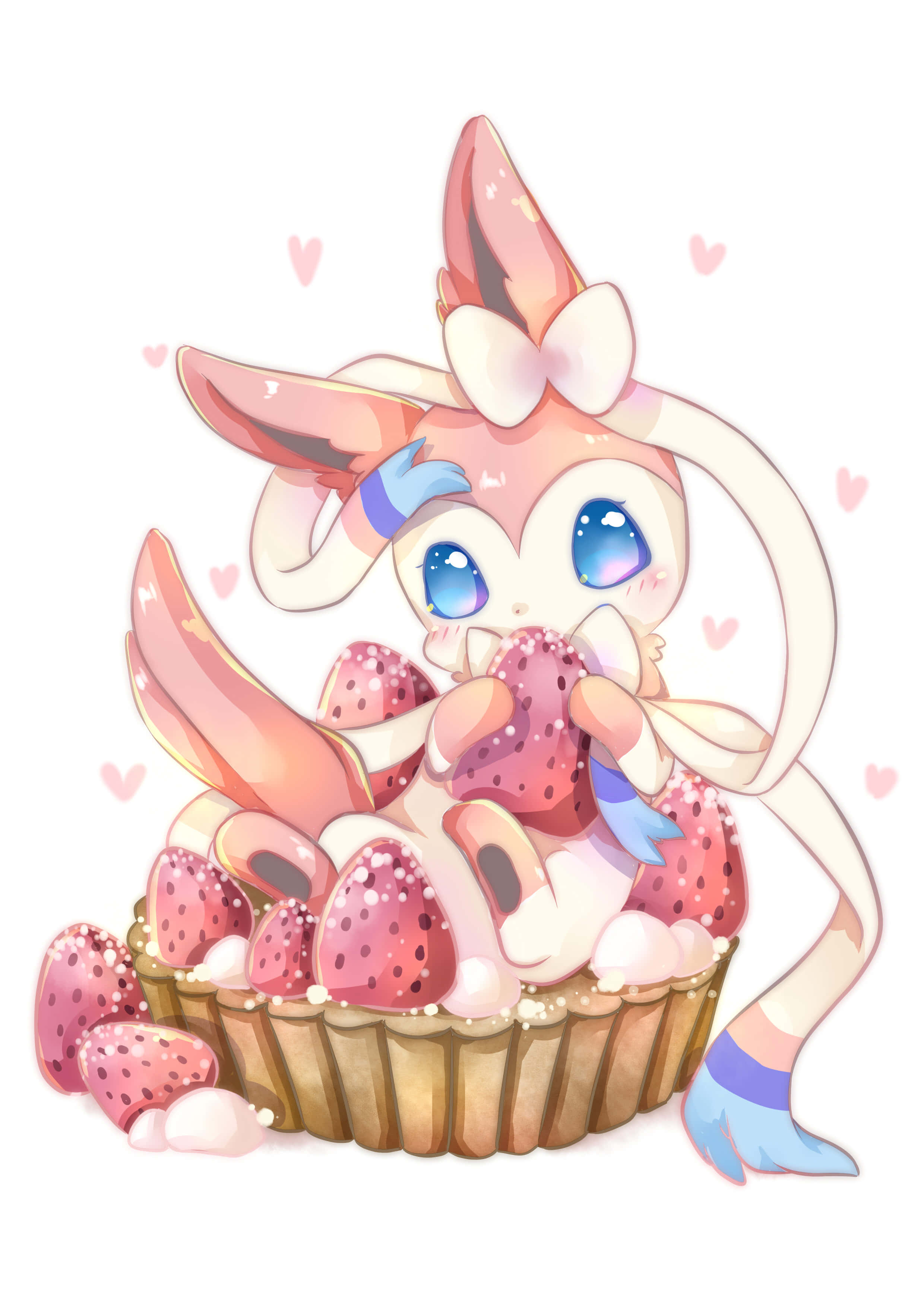 Cute Sylveon 桌布 壁紙 — 一隻可愛的粉紅色動漫風格生物，藍色眼睛，開心坐在草莓塔中，周圍漂浮著心形。