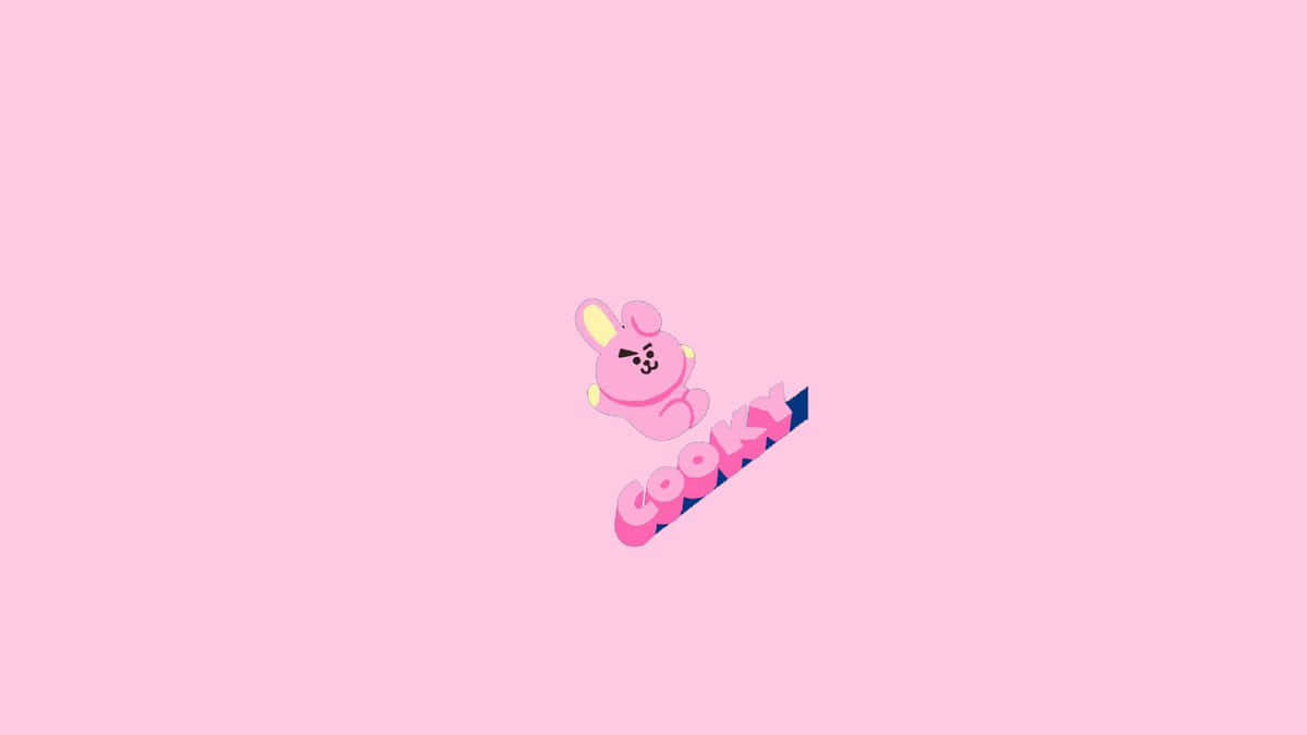 Bt21 4K 桌布 壁紙 — 一隻可愛的粉紅色卡通兔子，帶著不高興的表情，坐在粗體粉紅色3D字母「COOKY」旁邊，背景是純粉紅色。