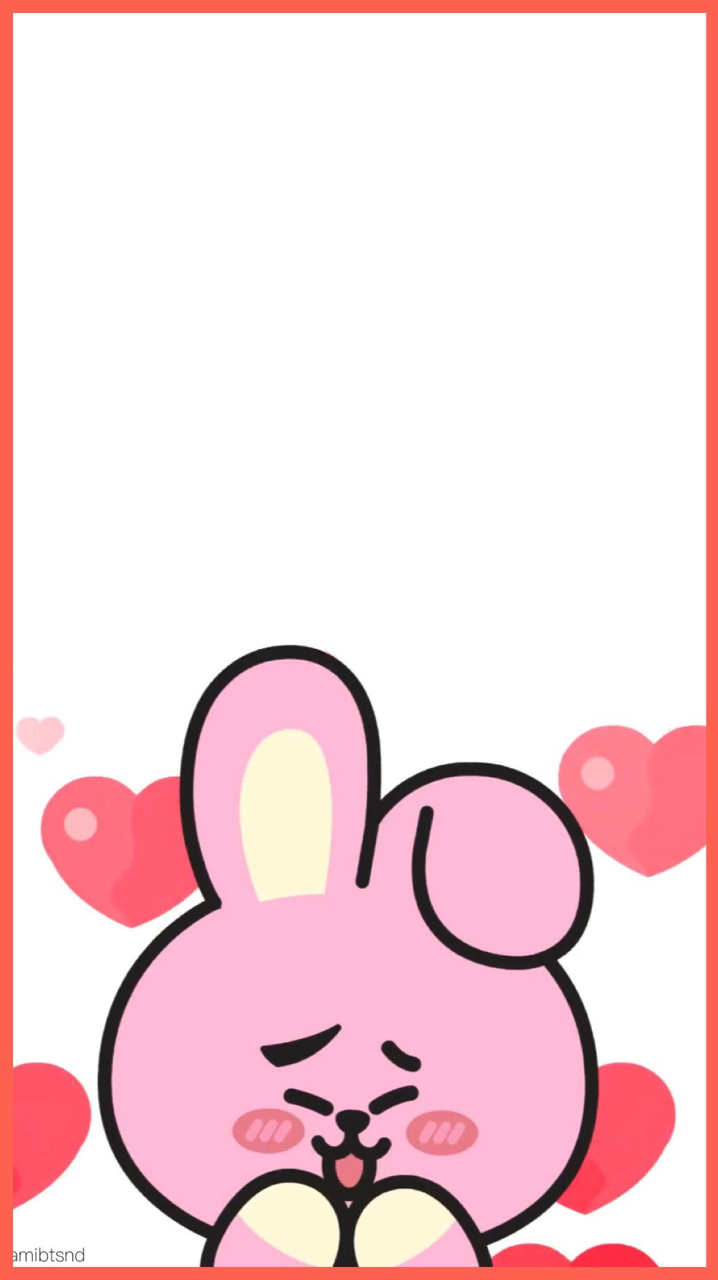 Cooky Bt21 桌布 壁紙 — 一隻可愛的粉紅色卡通兔子，閉著眼睛，臉頰泛紅，坐在白色背景上漂浮的紅色愛心之間。