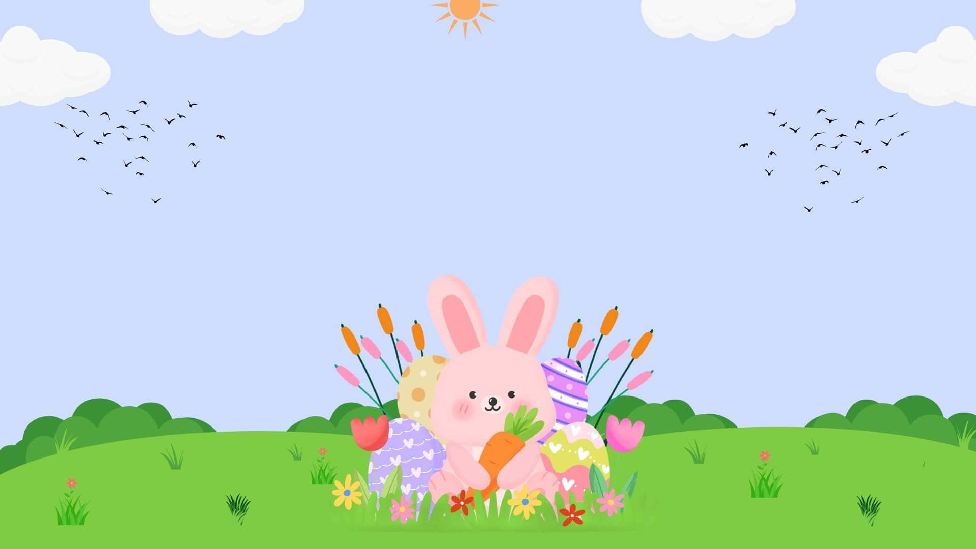 Pink Bunny 桌布 壁紙 — 一隻可愛的粉紅色卡通兔子坐在充滿活力的春天草地上，拿著胡蘿蔔，周圍環繞著色彩繽紛的花朵和雞蛋，在陽光明媚的藍天下有鳥兒飛翔。