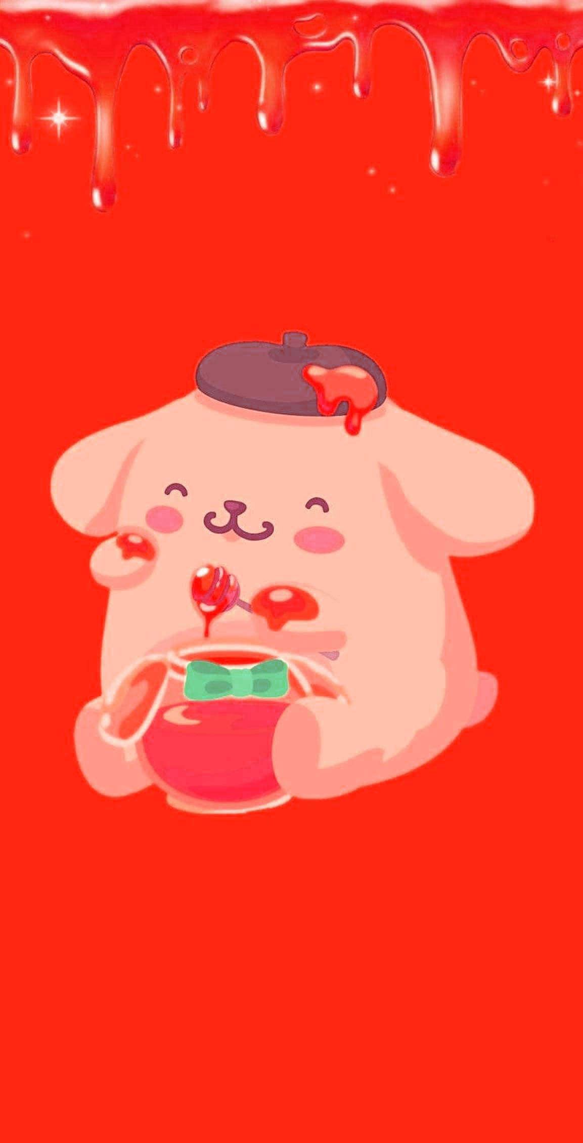 Pompompurin HD 桌布 壁紙 — 一隻可愛的粉紅色卡通小狗戴著貝雷帽和領結，快樂地吃著一碗紅色醬汁，上面有滴落的水滴。