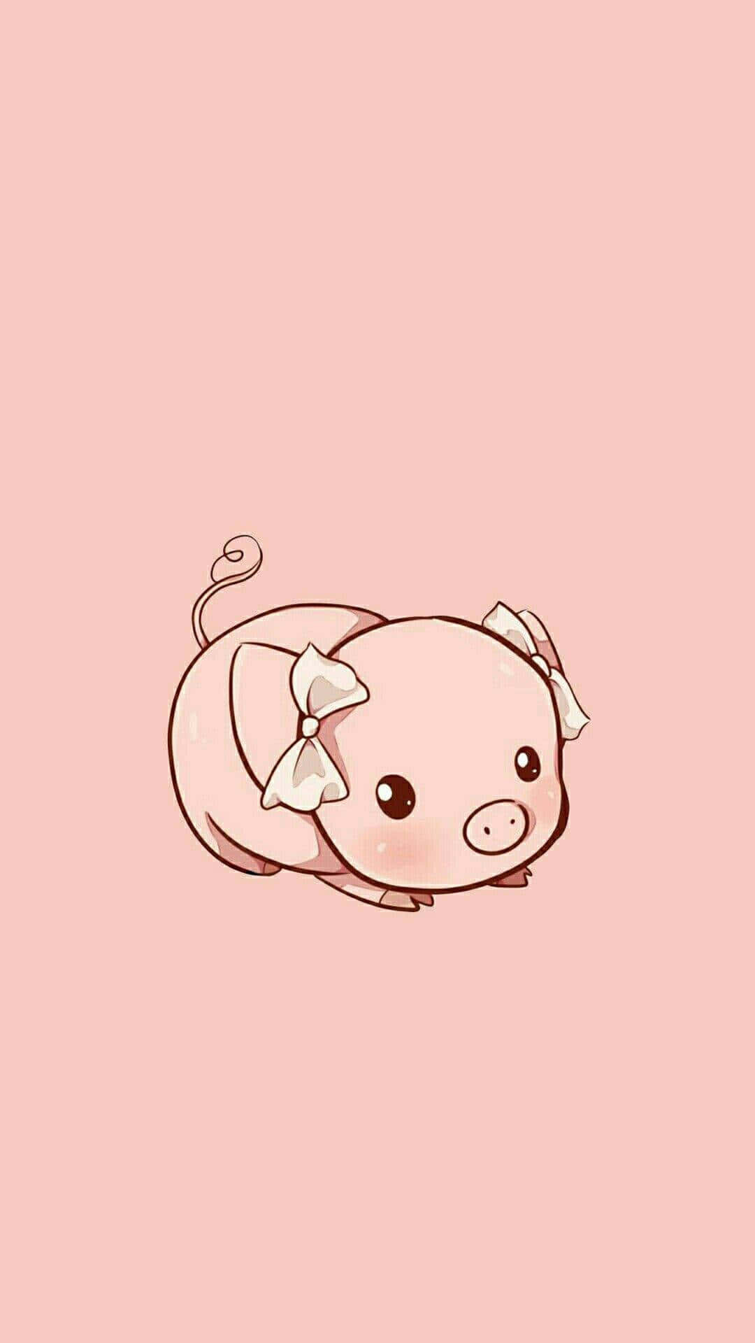 Pig 桌布 壁紙 — 一隻可愛的粉紅色卡通小豬，戴著蝴蝶結，躺在柔軟的粉紅色背景上。