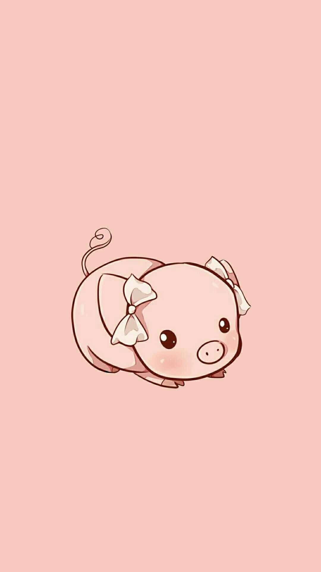 Cool Piggy 桌布 壁紙 — 一隻可愛的粉紅色卡通小豬戴著蝴蝶結，在柔軟的蜜桃色背景上休息。