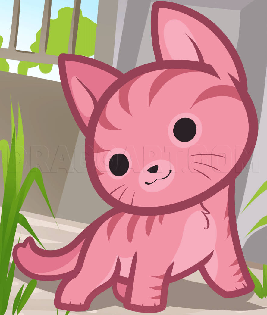 Pink Cat 桌布 壁紙 — 一隻可愛的粉紅色卡通小貓，大眼睛，坐在窗邊的綠色草地旁，窗外景色明亮。