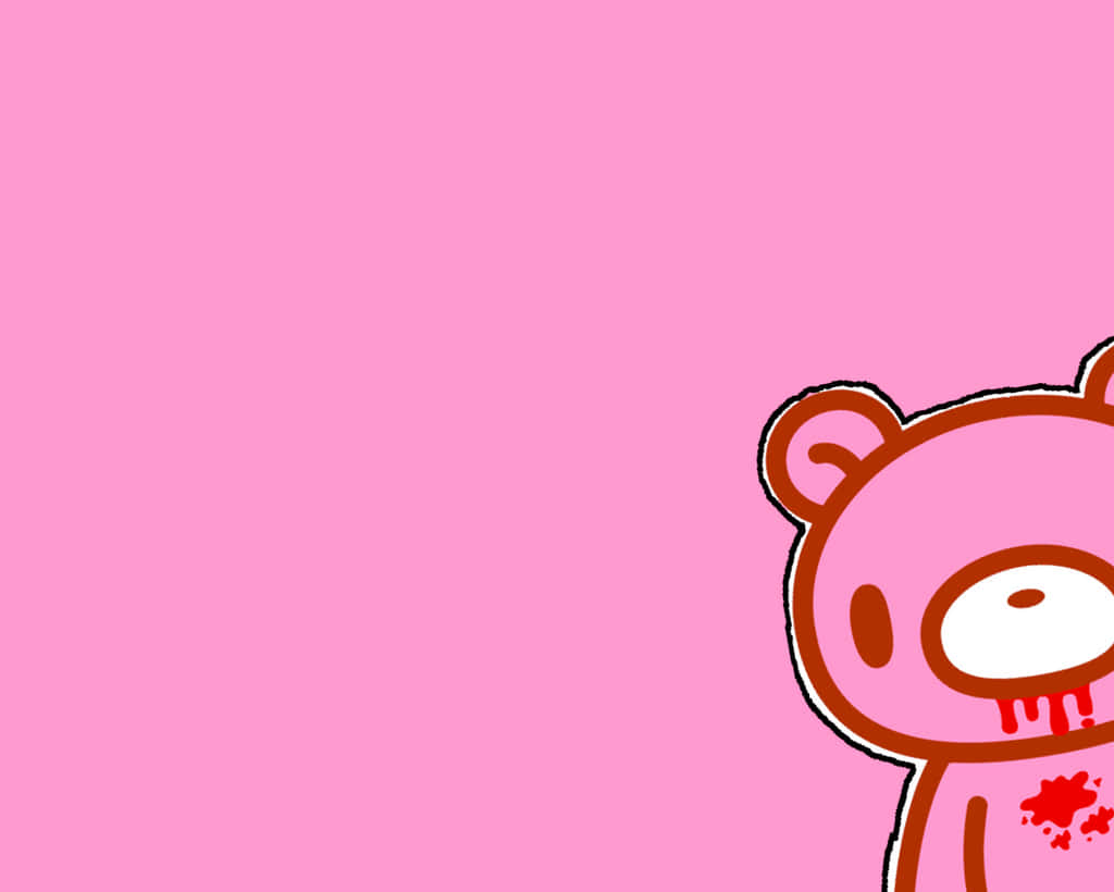 gloomy bear 桌布 壁紙 — 一隻可愛的粉紅色卡通熊，帶有紅色飛濺，從右角探出頭來，背景是純粉紅色。