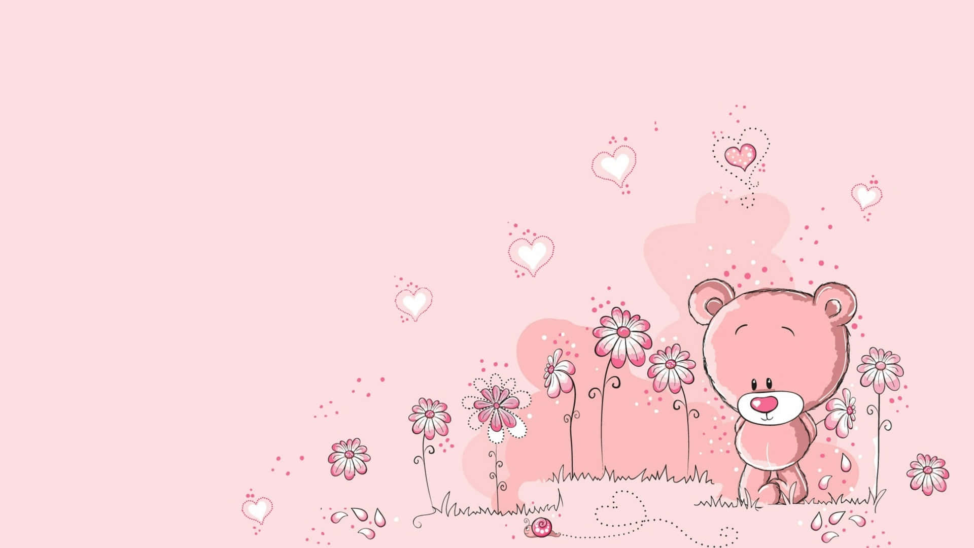 Girly Desktop 桌布 壁紙 — 一隻可愛的粉紅色卡通熊坐在柔和的粉紅色背景上，周圍有夢幻的花朵和漂浮的心形。