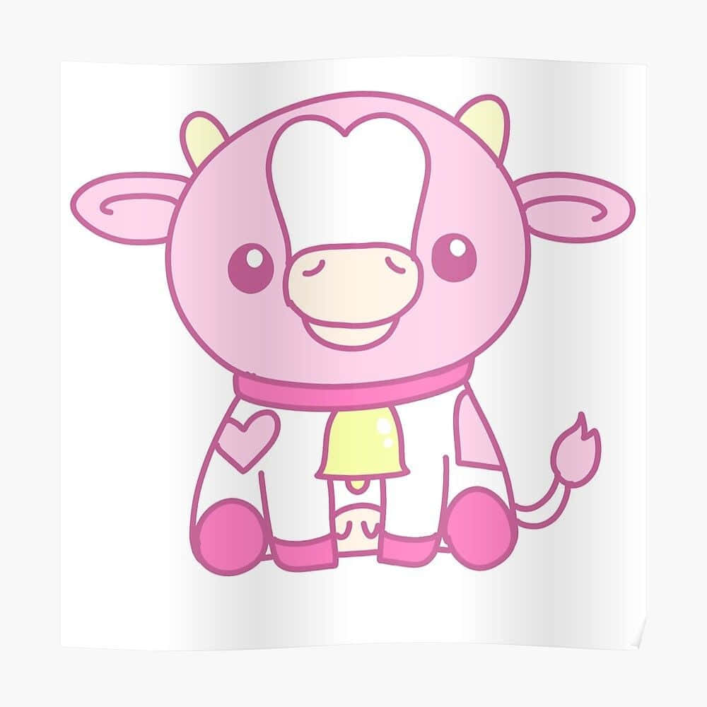 Kawaii Cow 桌布 壁紙 — 一隻可愛的粉紅色卡通牛，帶有心形標記，戴著黃色鈴鐺和粉紅色圍巾微笑。