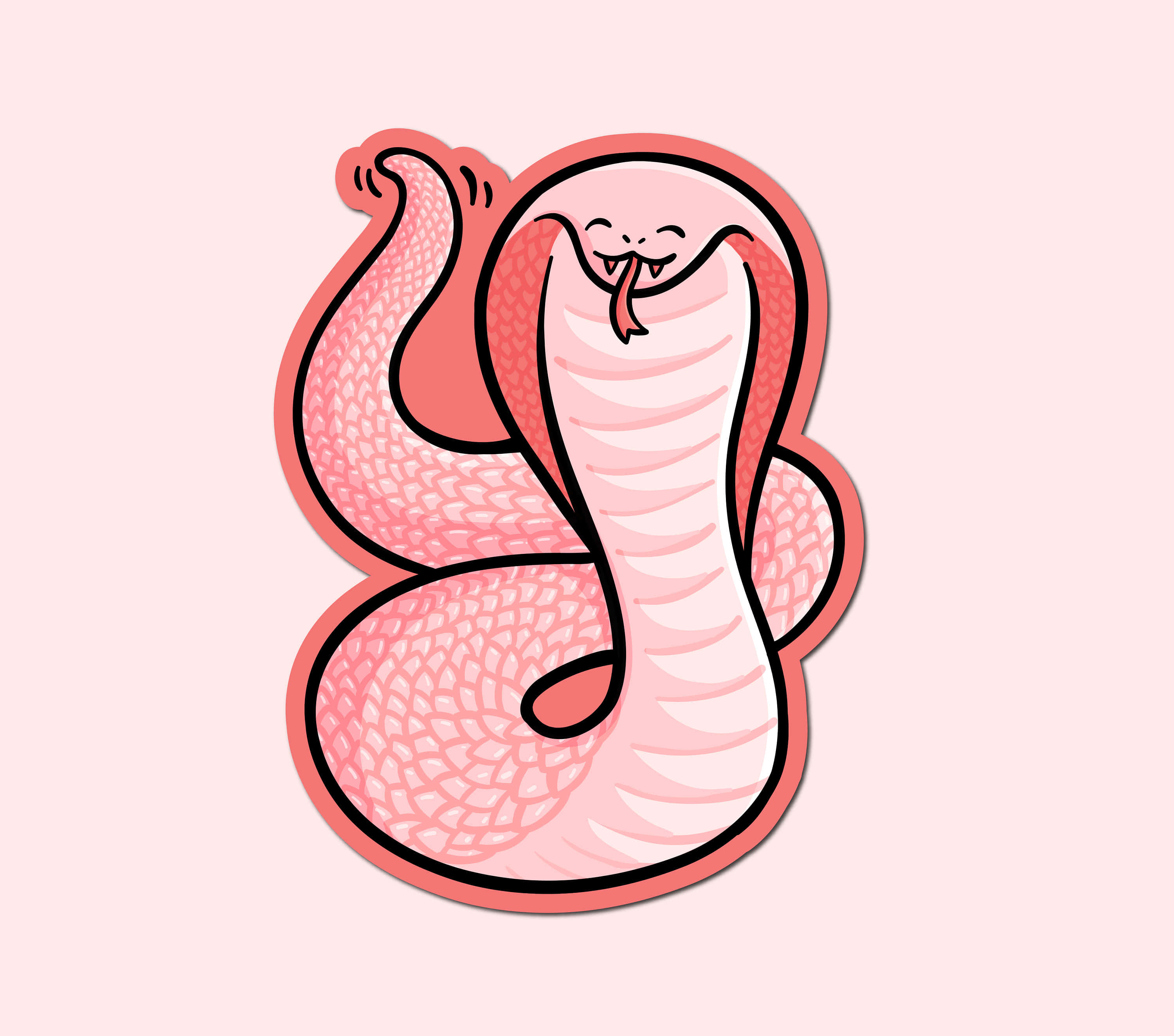 snakes 桌布 壁紙 — 一隻可愛的粉紅色卡通眼鏡蛇，面帶微笑，伸出舌頭，背景是柔和的粉紅色。