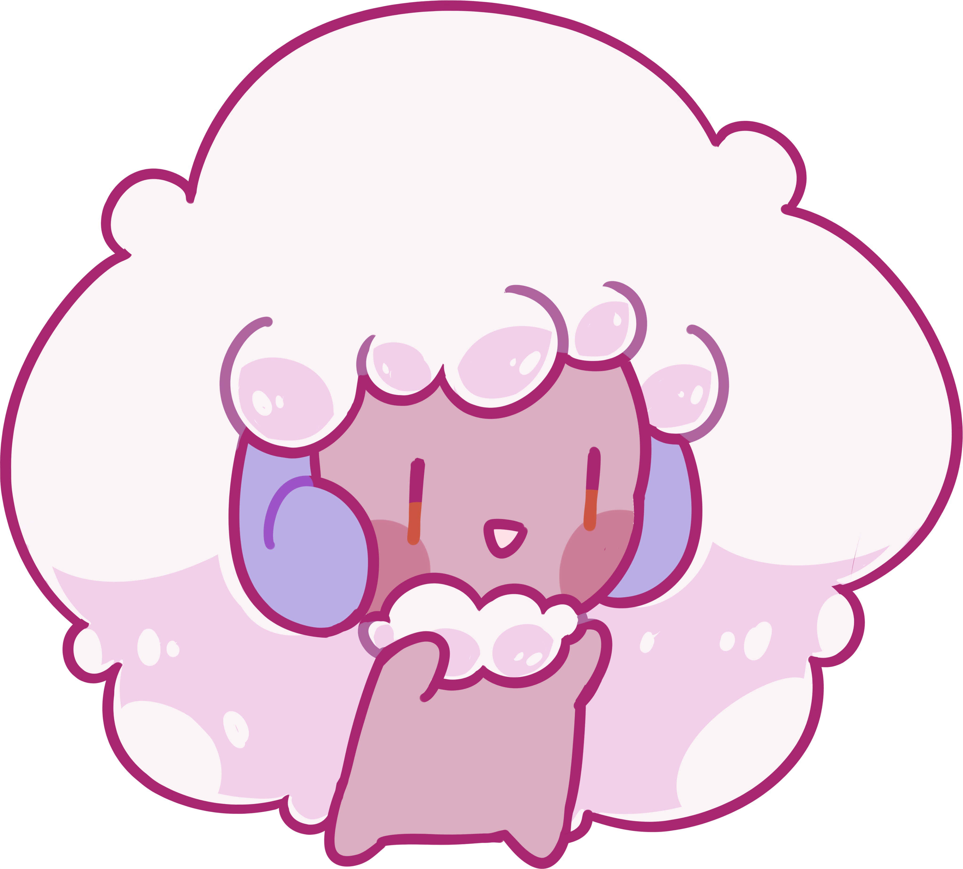 Whimsicott 桌布 壁紙 — 一隻可愛的粉紅色卡通羊，有蓬鬆的白色羊毛，頭部和手部周圍有肥皂泡。