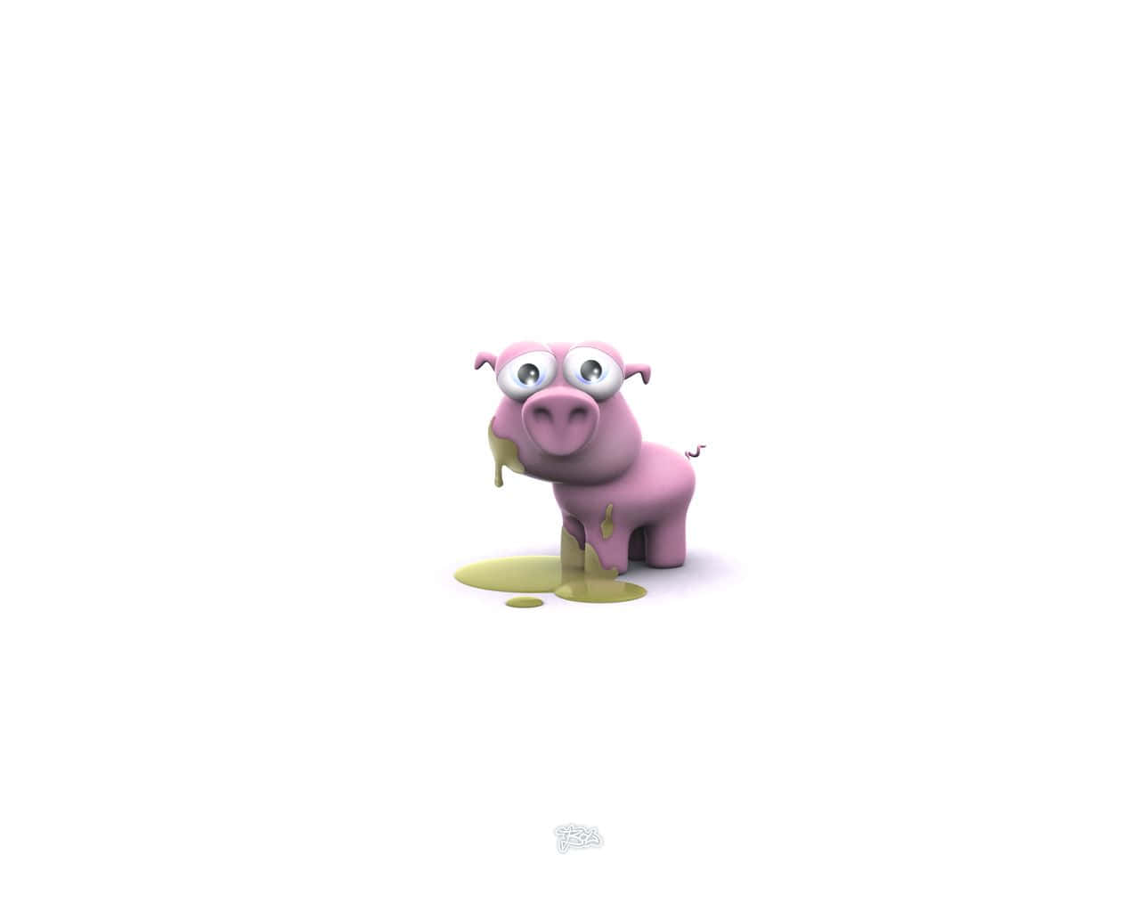Pig 桌布 壁紙 — 一隻可愛的粉紅色卡通豬，大眼睛，站在一灘黃色黏液上，背景是純白色。