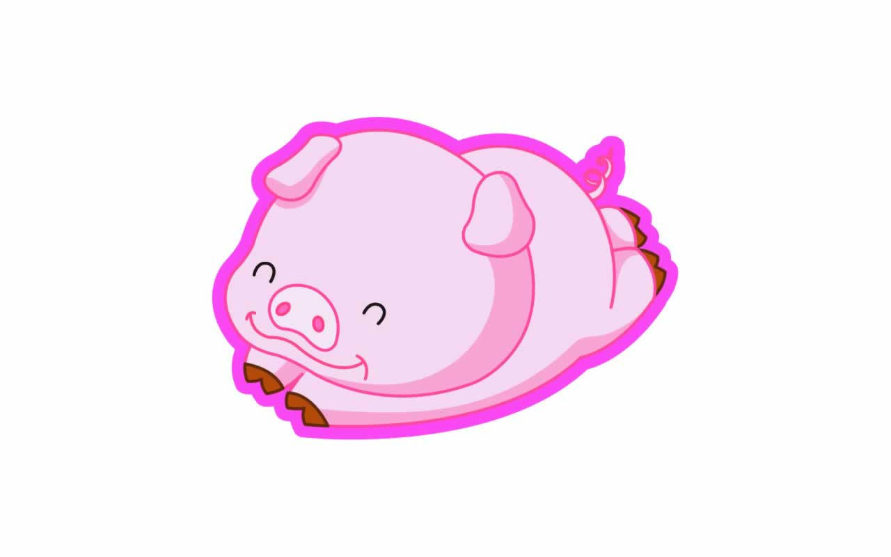 Pig 桌布 壁紙 — 一隻可愛的粉紅色卡通豬，帶著開心的笑容和明亮的粉紅色輪廓，蜷縮在白色背景上。
