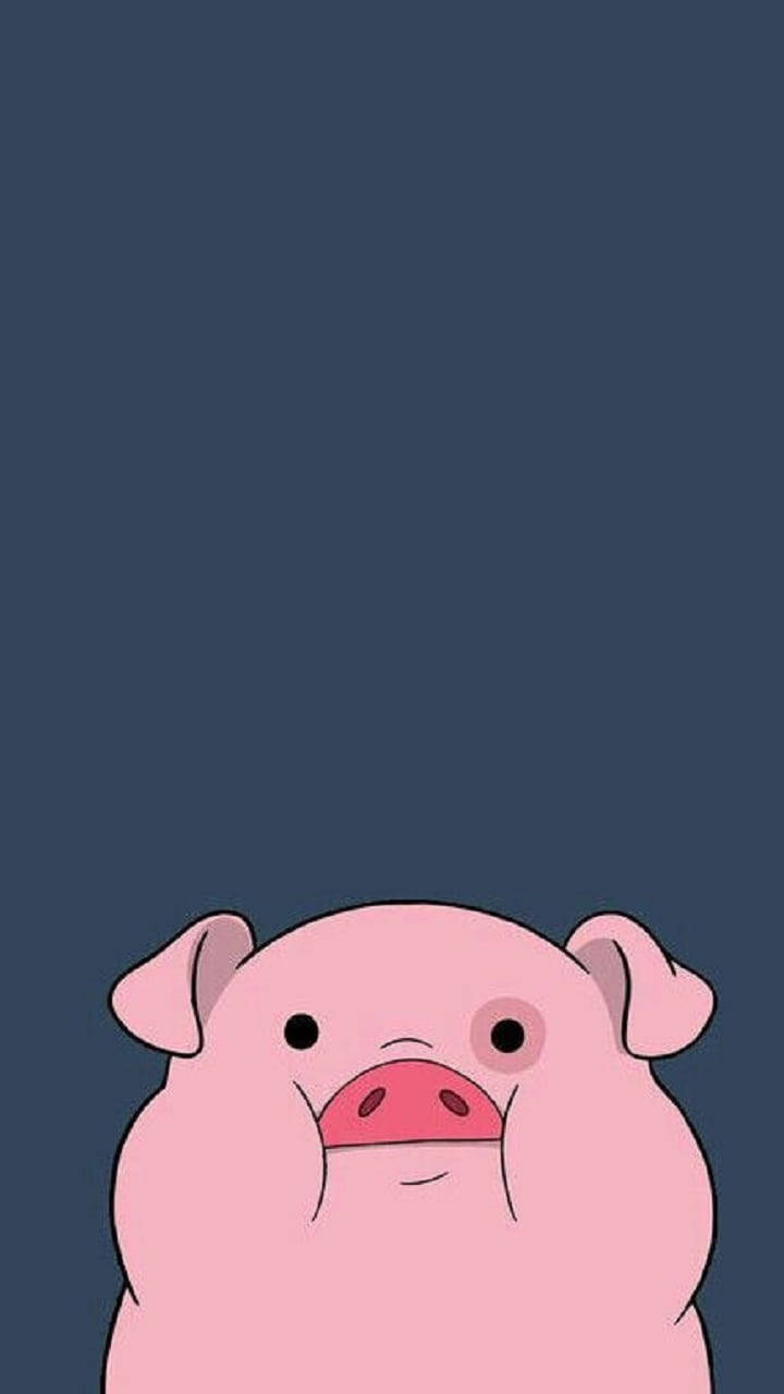 Pig 桌布 壁紙 — 一隻可愛的粉紅色卡通豬，有紅色鼻子，從底部向上窺視，背景是深藍色。