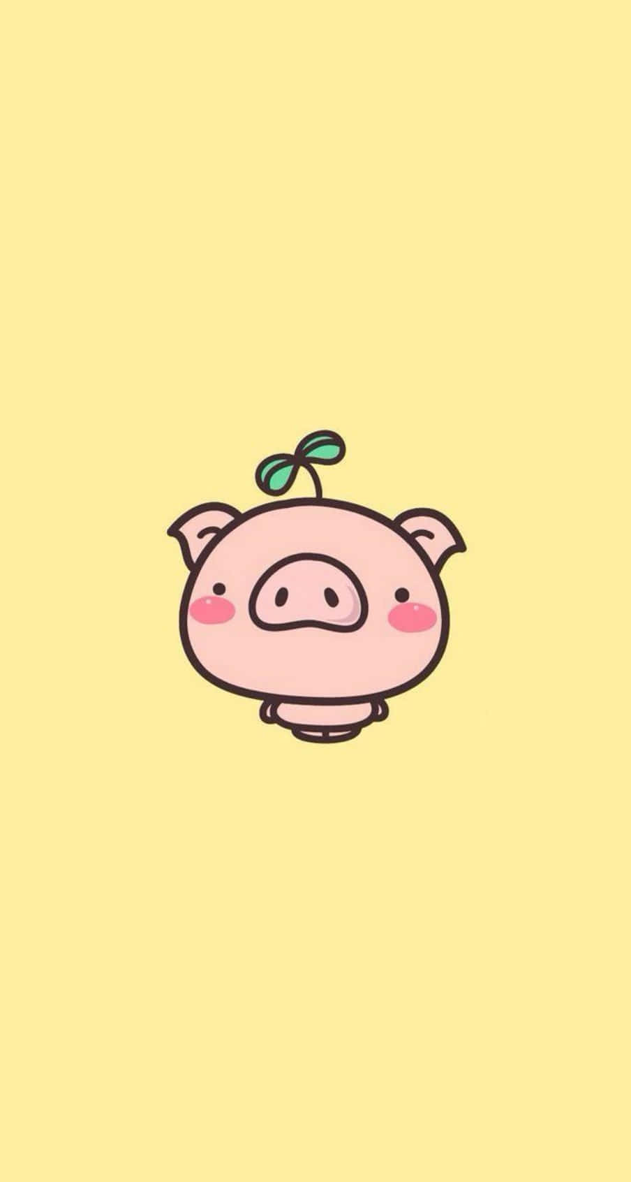 Piggy 桌布 壁紙 — 一隻可愛的粉紅色卡通豬，臉頰紅潤，頭上長著綠色嫩芽，漂浮在柔和的黃色背景上。