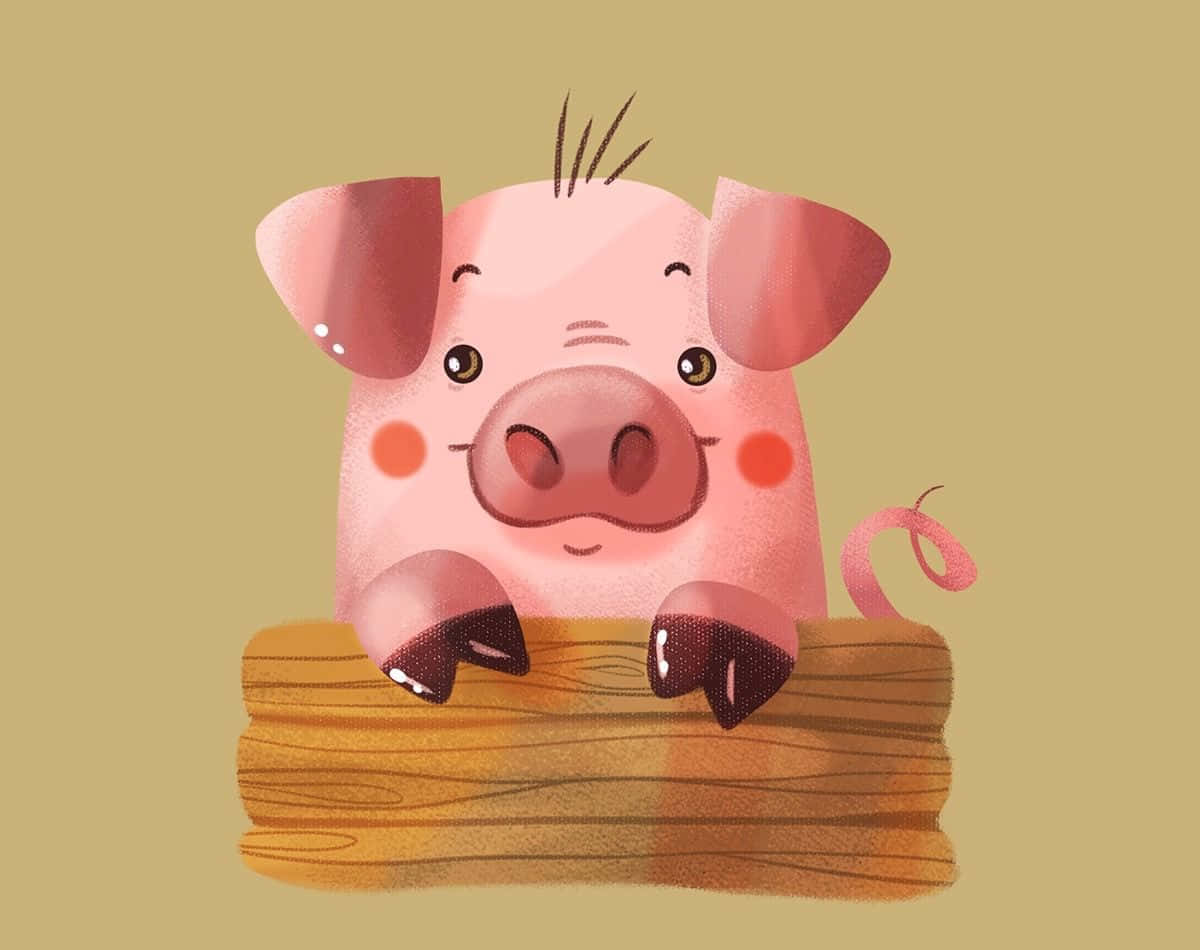 Pig 桌布 壁紙 — 一隻可愛的粉紅色卡通豬，臉頰紅潤，從木柵欄上探出頭來，背景是柔和的米色。