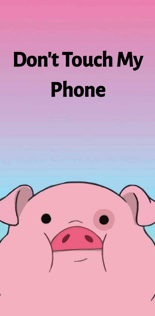 waddles 桌布 壁紙 — 一隻可愛的粉紅色卡通豬，表情嚴肅，從漸變天空背景向上凝視，粗體文字寫著「不要碰我的手機」。