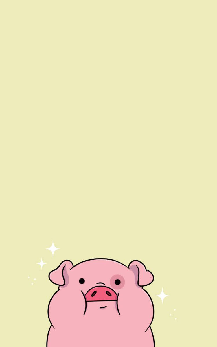 waddles 桌布 壁紙 — 一隻可愛的粉紅色卡通豬在淡黃色背景底部閃閃發光地微笑。