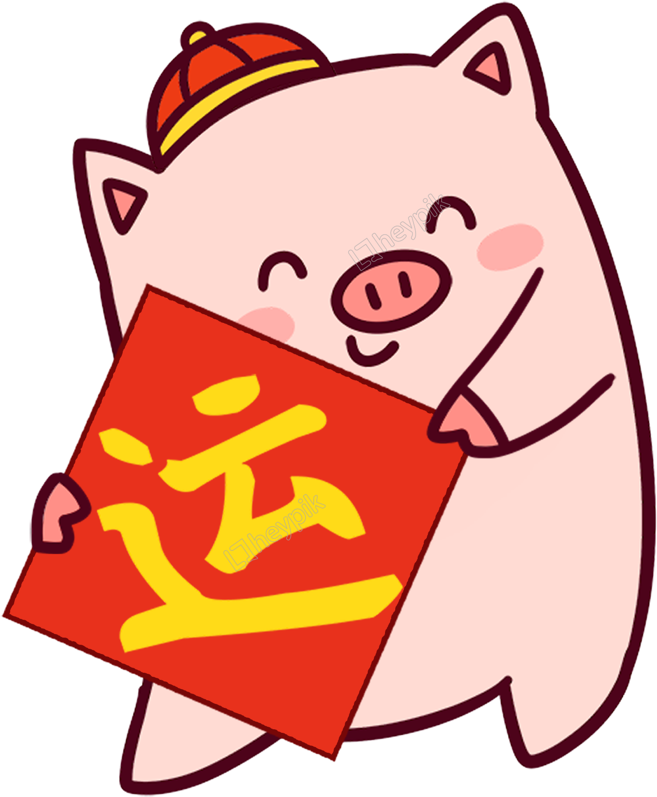 Cartoon Animal 桌布 壁紙 — 一隻可愛的粉紅色卡通豬戴著紅帽子，拿著一個帶有黃色幸運漢字的紅包。