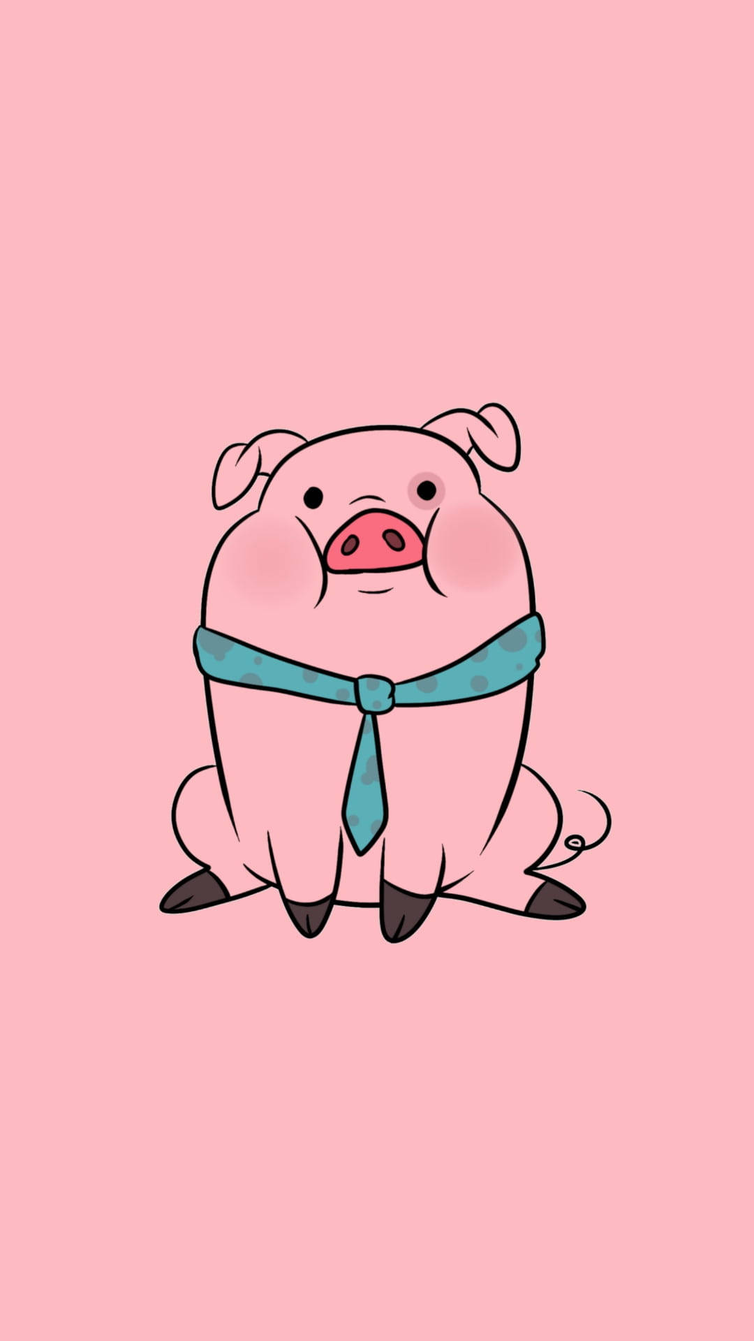 waddles 桌布 壁紙 — 一隻可愛的粉紅色卡通豬戴著青綠色領帶，坐在純粉紅色背景中央。