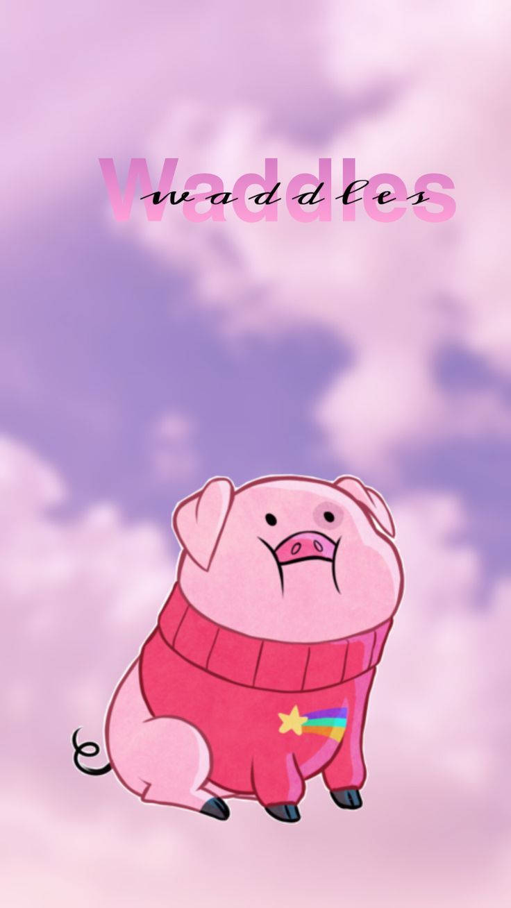 waddles 桌布 壁紙 — 一隻可愛的粉紅色卡通豬穿著帶有彩虹星的紅色毛衣，漂浮在柔和的紫色多雲天空中。