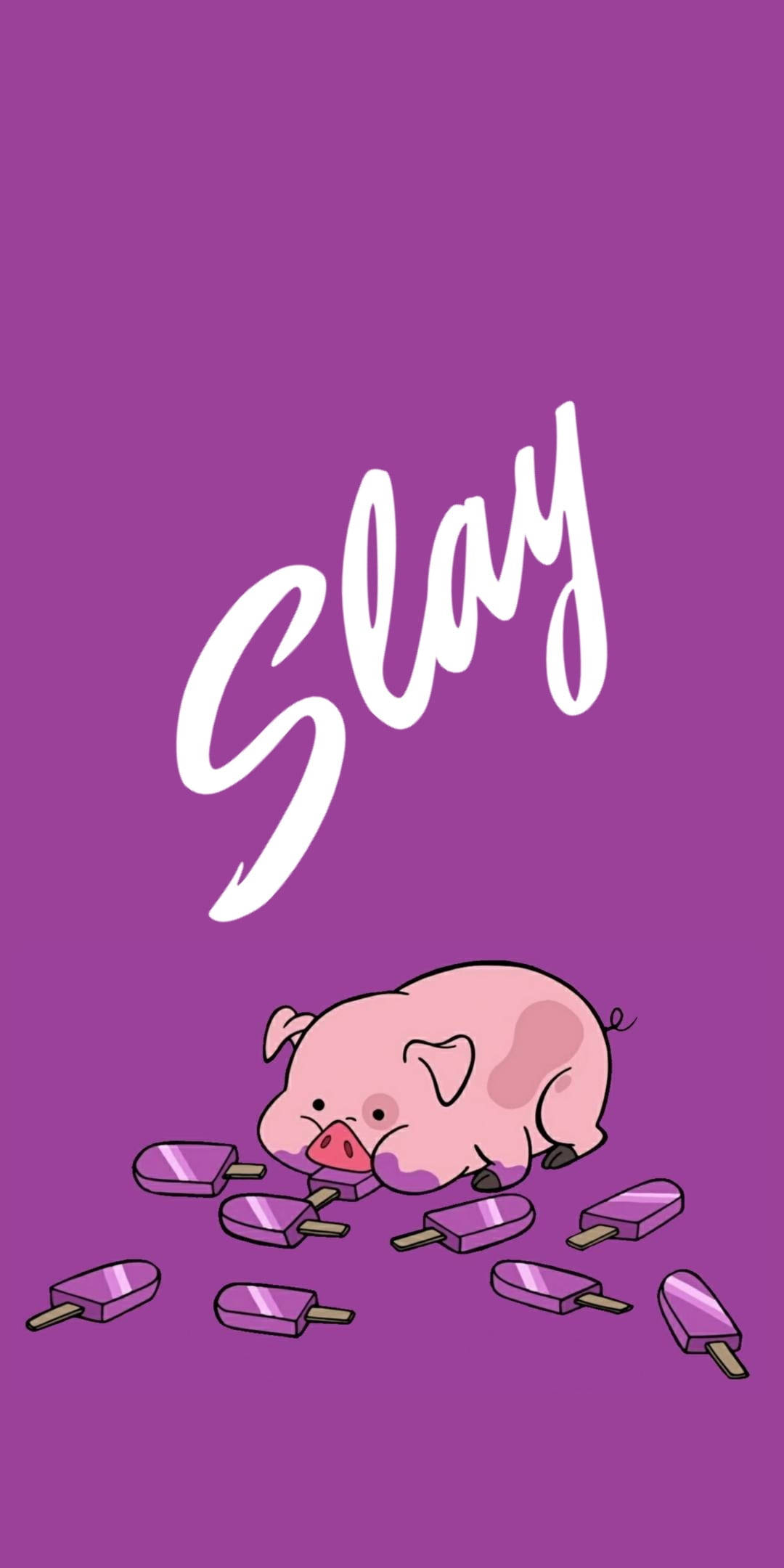 waddles 桌布 壁紙 — 一隻可愛的粉紅色卡通豬躺在散落的紫色冰棒之間，背景是純紫色，上面有白色草書字體寫的「Slay」。
