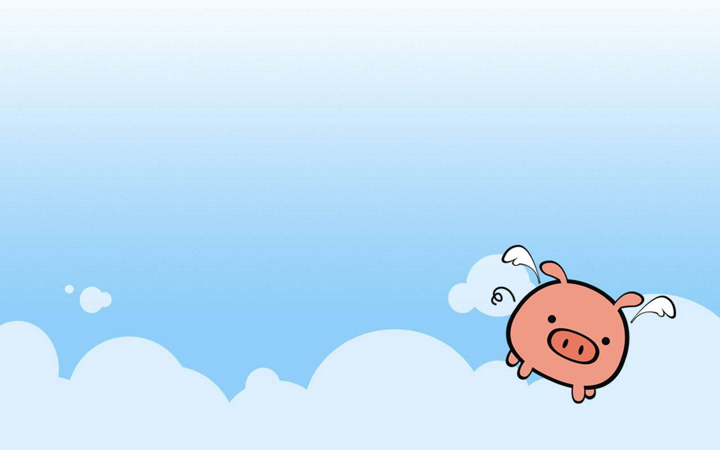 Pig 桌布 壁紙 — 一隻可愛的粉紅色卡通豬長著翅膀，在柔和的藍天下快樂地飛過 fluffy 白色雲朵。