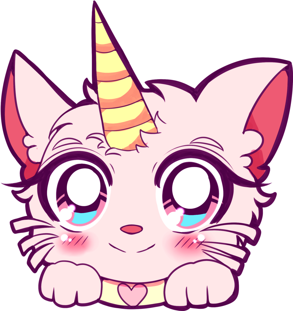 Emote 桌布 壁紙 — 一隻可愛的粉紅色卡通貓咪，有條紋獨角和閃亮大眼睛，戴著心形項圈從邊緣探出頭來。