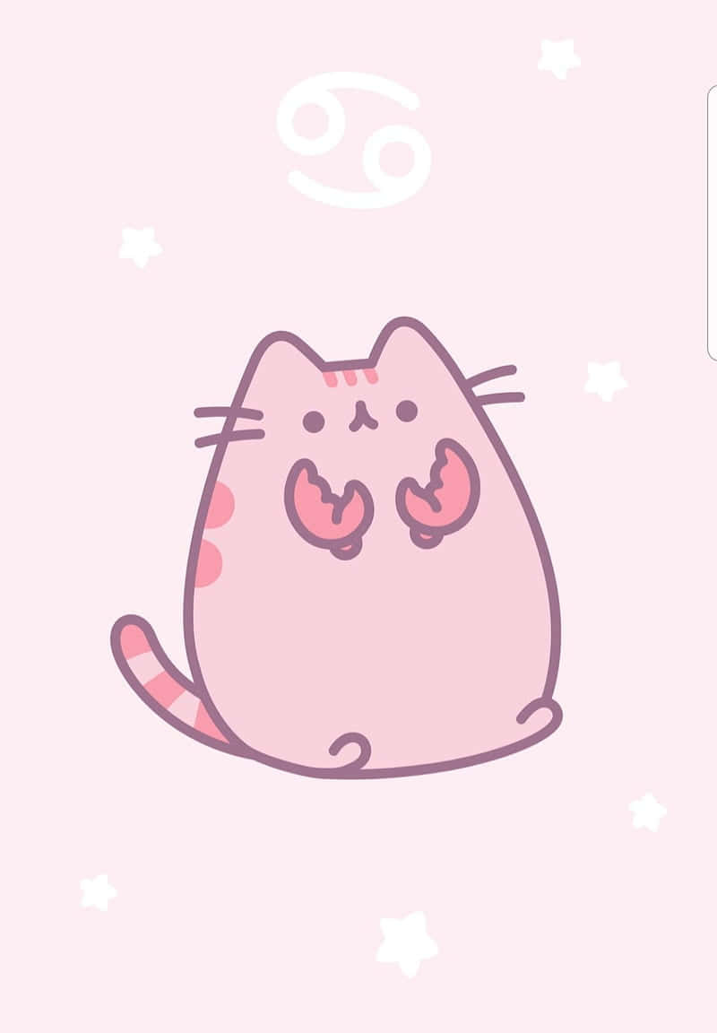 一隻粉紅色卡通貓咪，有龍蝦鉗和星座符號，在星星之間。 — Pusheen 動圖 壁紙