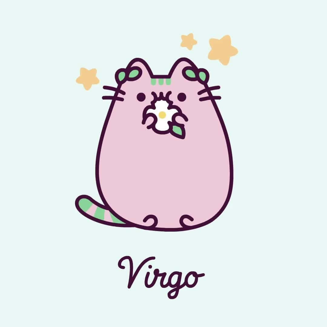 Virgo 桌布 壁紙 — 一隻可愛的粉紅色卡通貓咪在淺藍色背景上拿著一朵帶有綠色葉子的白色花朵，背景有黃色星星。
