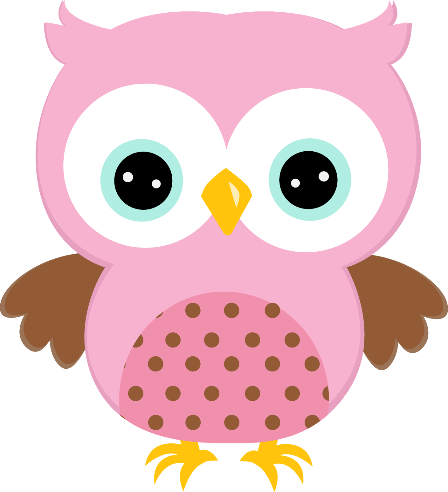 Owl Free 桌布 壁紙 — 一隻可愛的粉紅色卡通貓頭鷹，有大大的白色眼睛、綠松色虹膜和肚子上的棕色圓點。