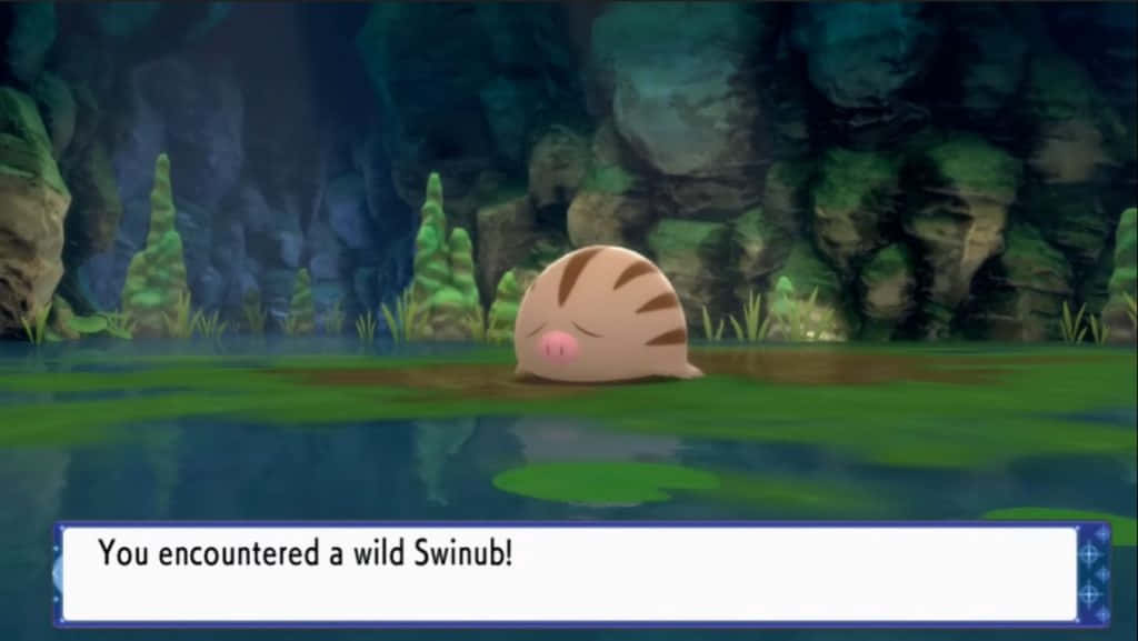 Pokemon Aesthetic 桌布 壁紙 — 一隻可愛的粉紅色小山豬，帶有棕色條紋，從陰暗潮濕的洞穴中渾濁的綠色水裡探出頭來。