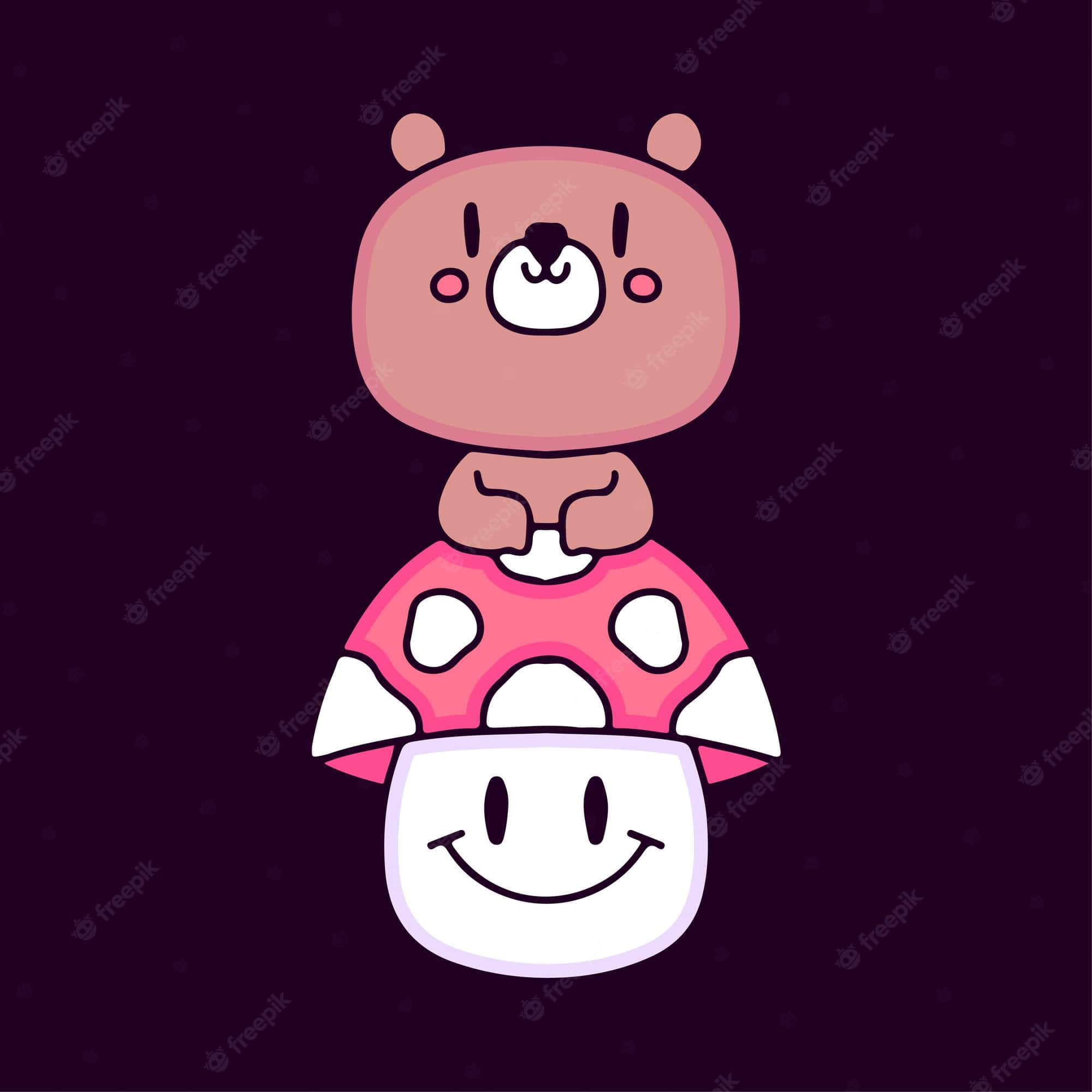 gloomy bear 桌布 壁紙 — 一隻可愛的粉紅色小熊，臉頰紅潤，坐在微笑的粉紅色和白色蘑菇上，背景是深紫色。