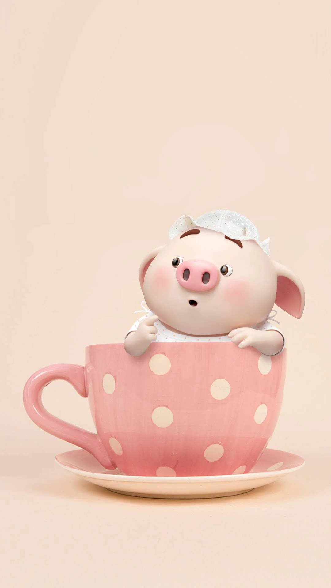 一隻戴著帽子的小豬坐在粉紅色圓點茶杯和碟子裡。 — 可愛豬豬 GIF 壁紙
