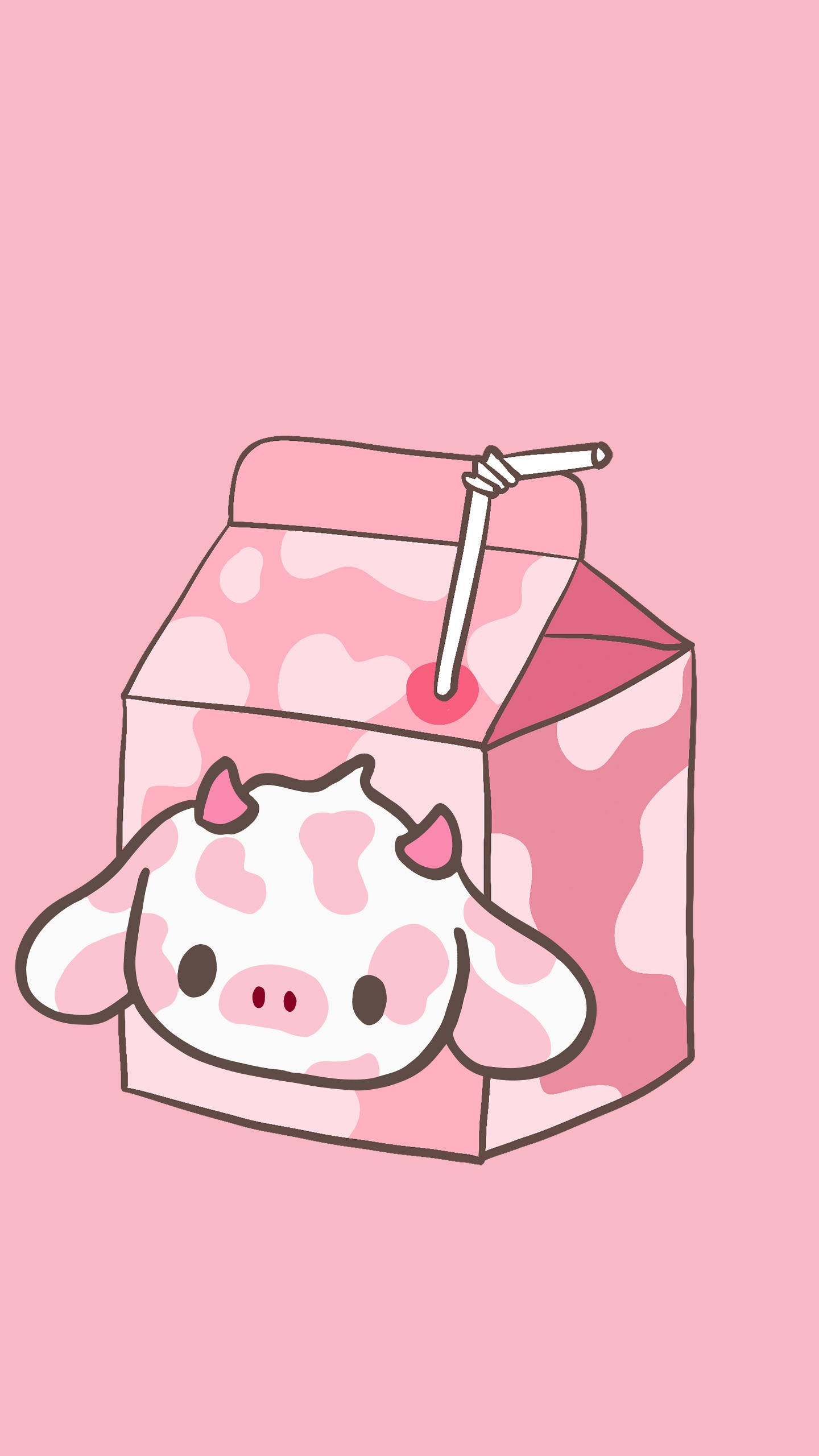 Strawberry Cow 桌布 壁紙 — 一隻可愛的粉紅色有角乳牛，從一個帶有吸管的粉紅色牛奶盒中探出頭來，背景是純粉紅色。