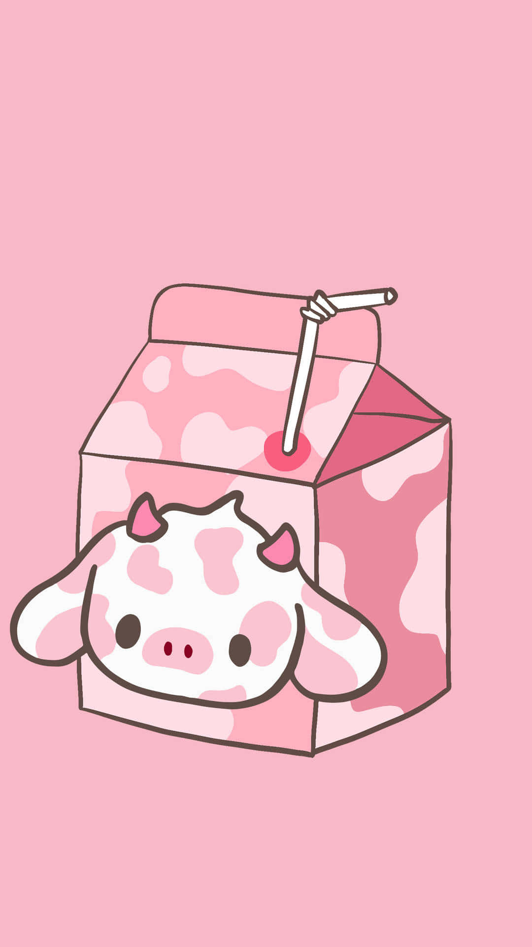 Strawberry Cow 桌布 壁紙 — 一隻可愛的粉紅色有角乳牛從一個帶有吸管的粉紅色牛奶盒中探出頭來，背景是純粉紅色。