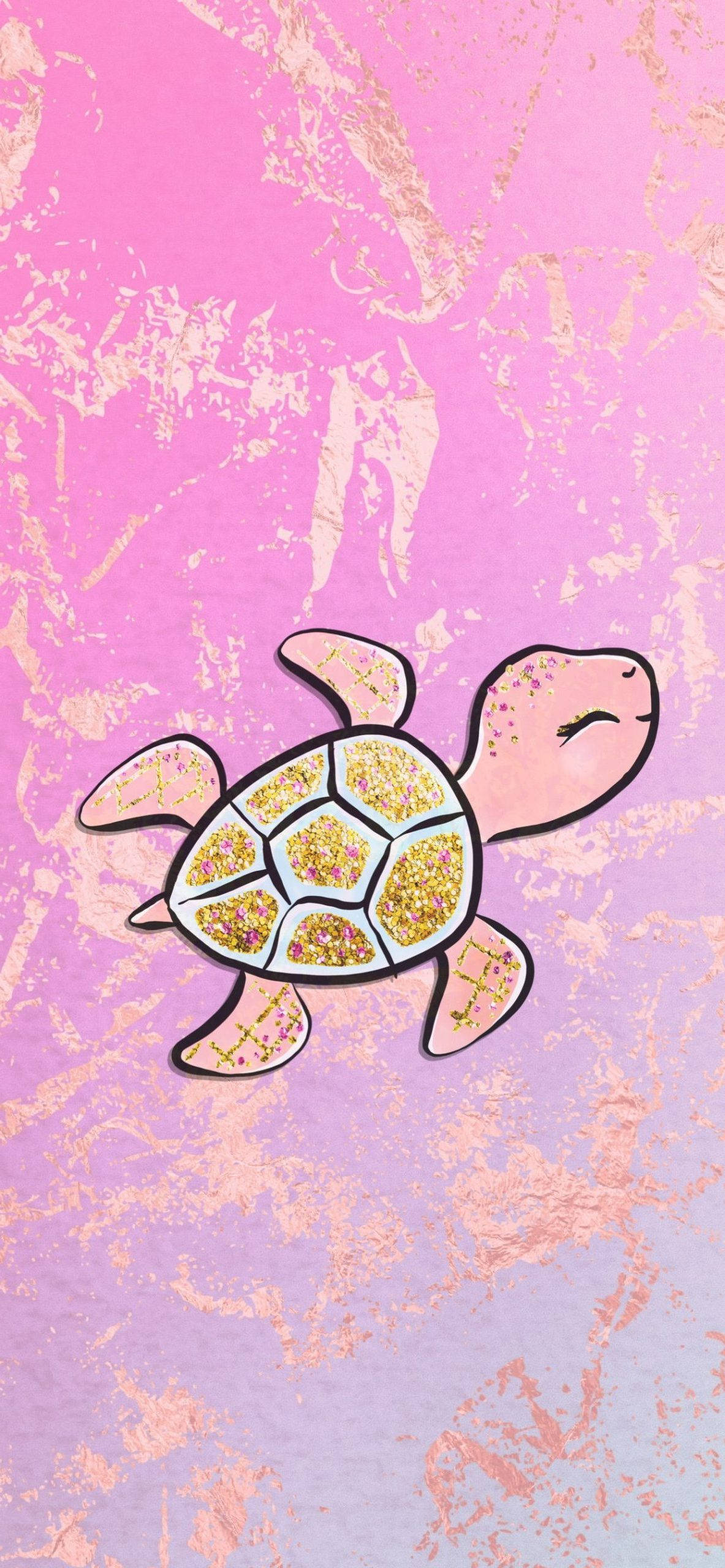 Turtle 桌布 壁紙 — 一隻可愛的粉紅色烏龜，帶有閃閃發光的殼，在紋理粉紅色和紫色背景上游泳。