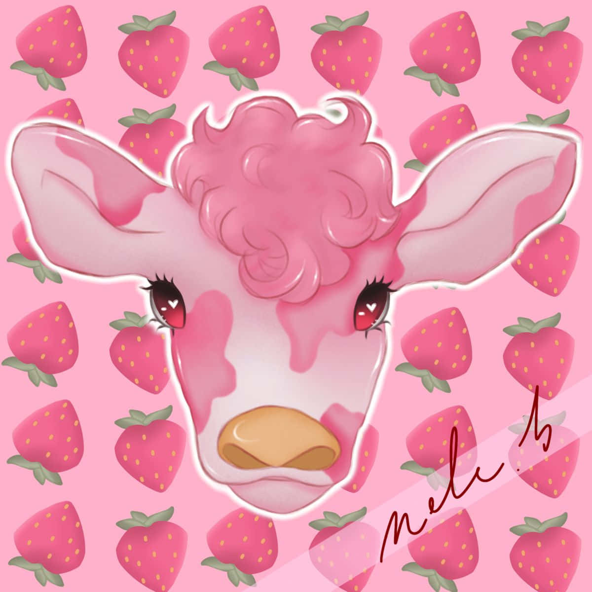 Aesthetic Cow 桌布 壁紙 — 一隻可愛的粉紅色牛，有捲曲的頭髮和心形瞳孔，凝視著充滿草莓的粉紅色背景。