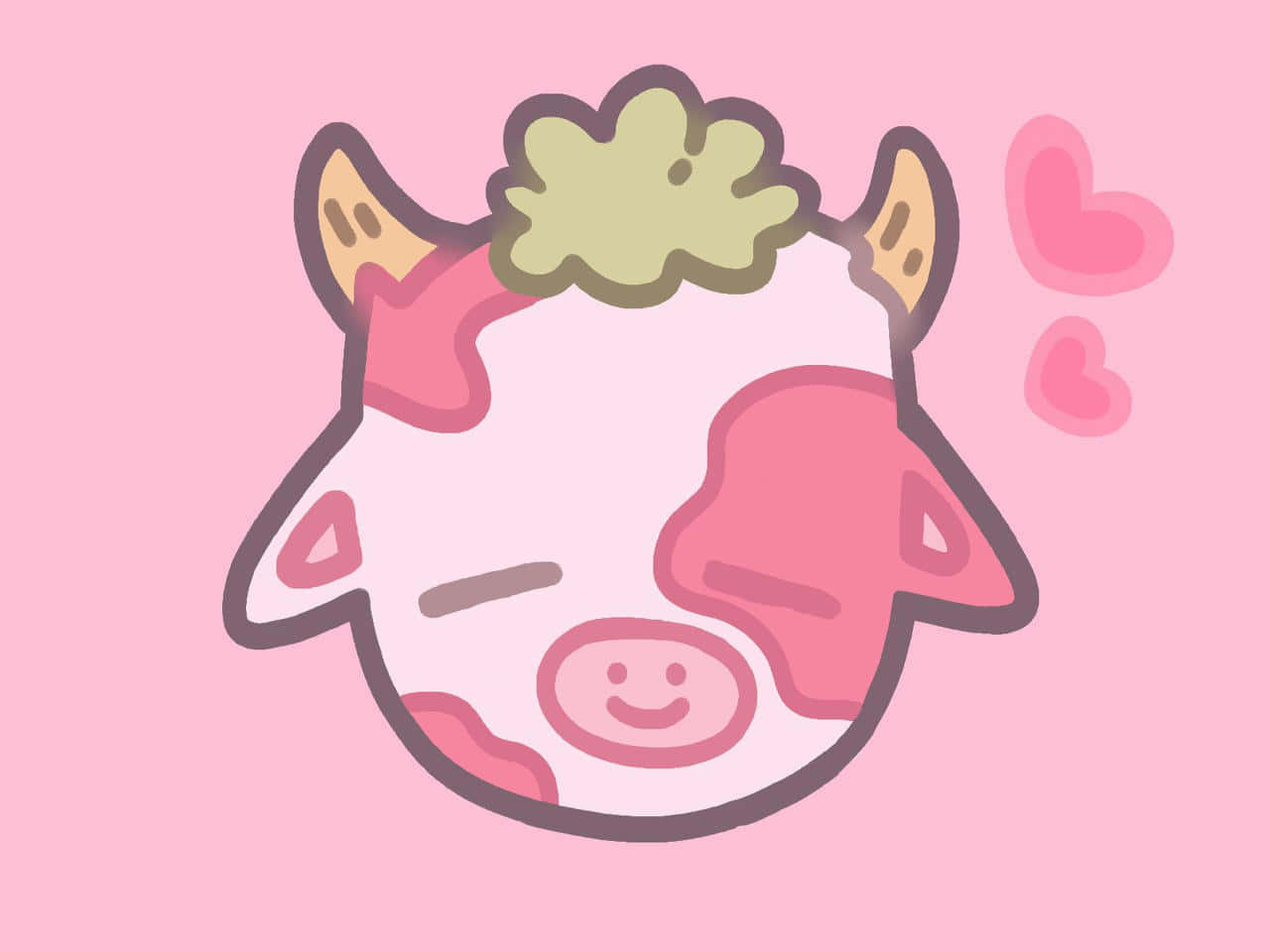 Strawberry Cow 桌布 壁紙 — 一隻可愛的粉紅色牛，頭上有綠色一撮毛和心形圖案，在柔和的粉紅色背景上微笑。