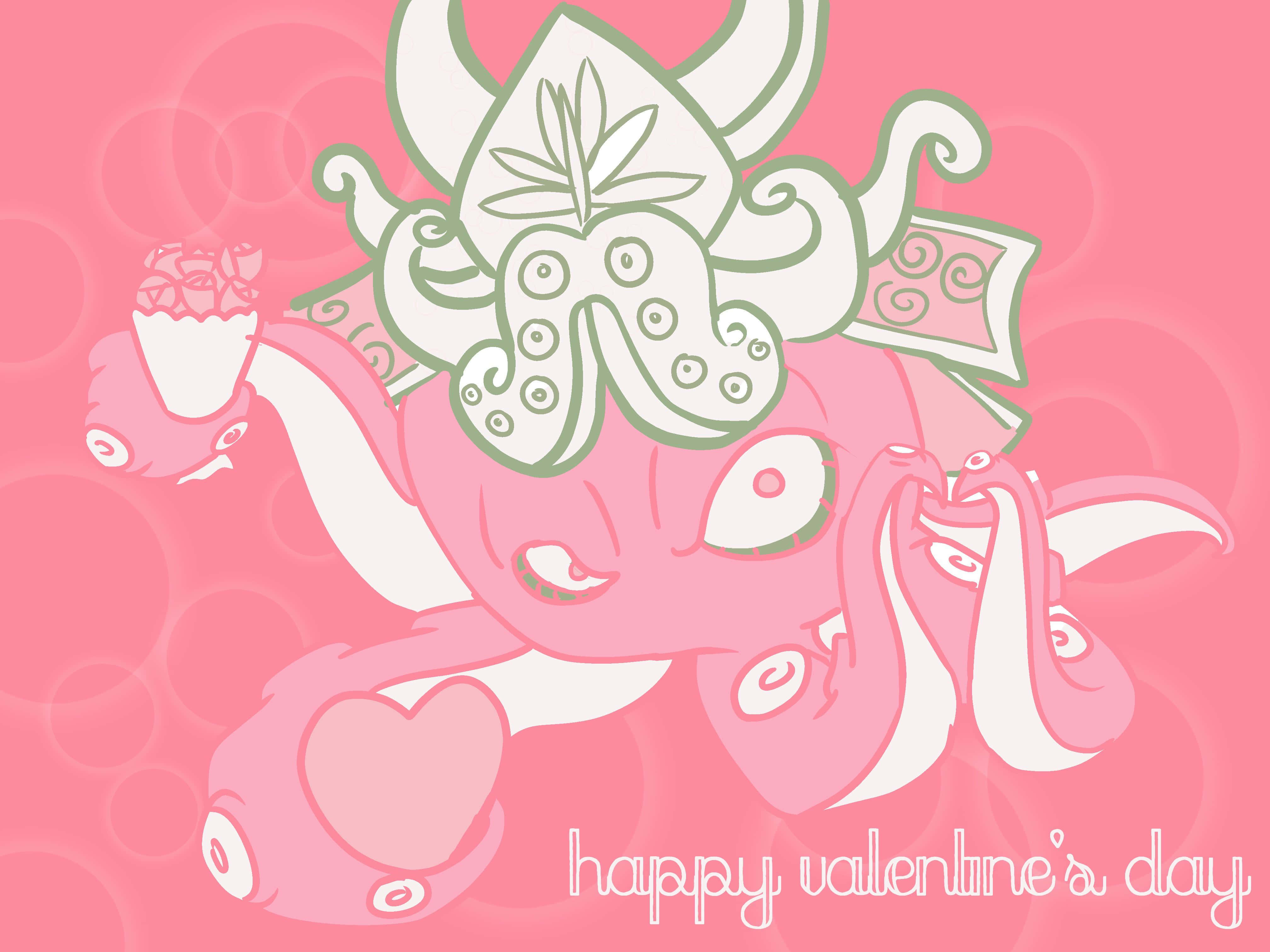 Happy Valentines 桌布 壁紙 — 一隻可愛的粉紅色章魚，有心形觸手和葉子皇冠，漂浮在泡泡粉紅色背景上，並有 'happy valentine's day' 文字。