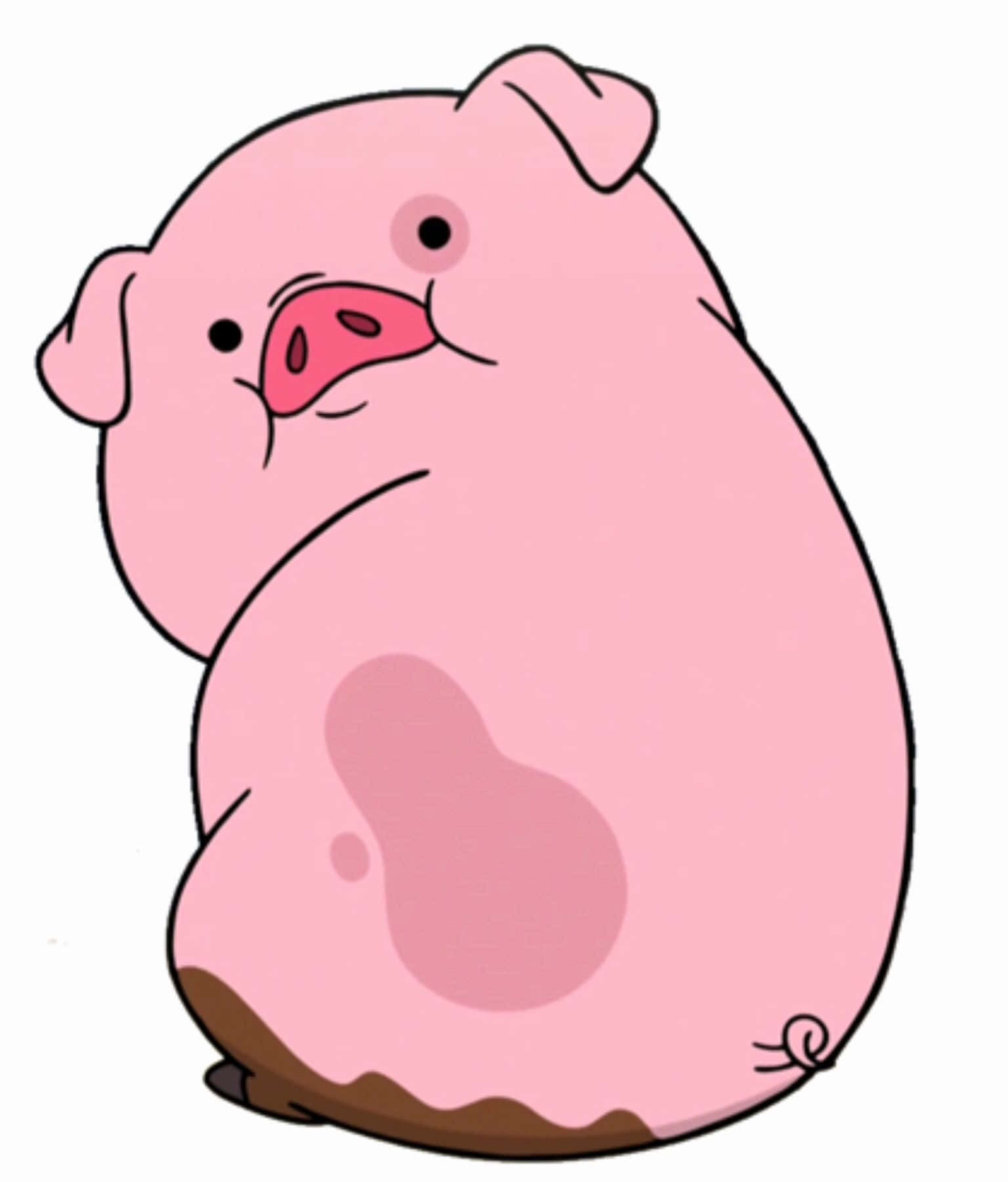 Pig 桌布 壁紙 — 一隻可愛的粉紅色胖胖卡通豬，肚子沾滿泥巴，側身坐著，臉上帶著簡單的微笑。