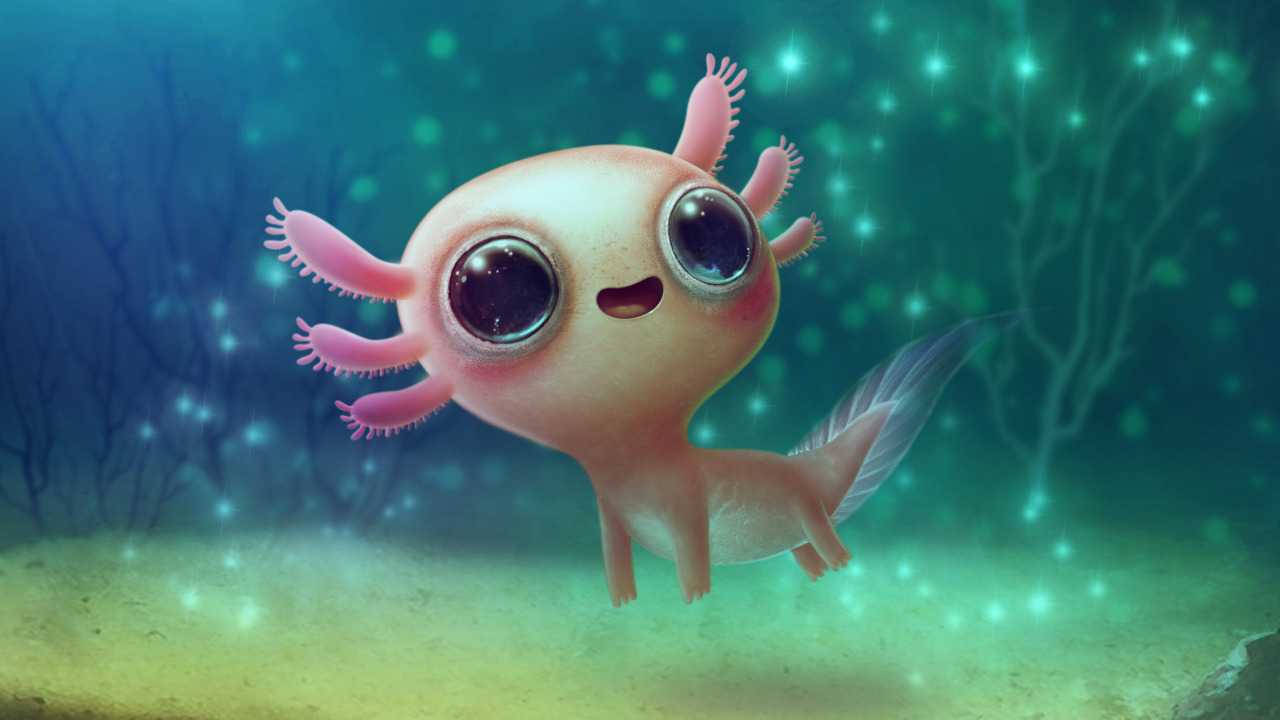cute aesthetic pc 桌布 壁紙 — 一隻可愛的粉紅色蠑螈，有大眼睛和羽毛狀的鰓，在發光的水下場景中快樂地游動，周圍有珊瑚和閃光。