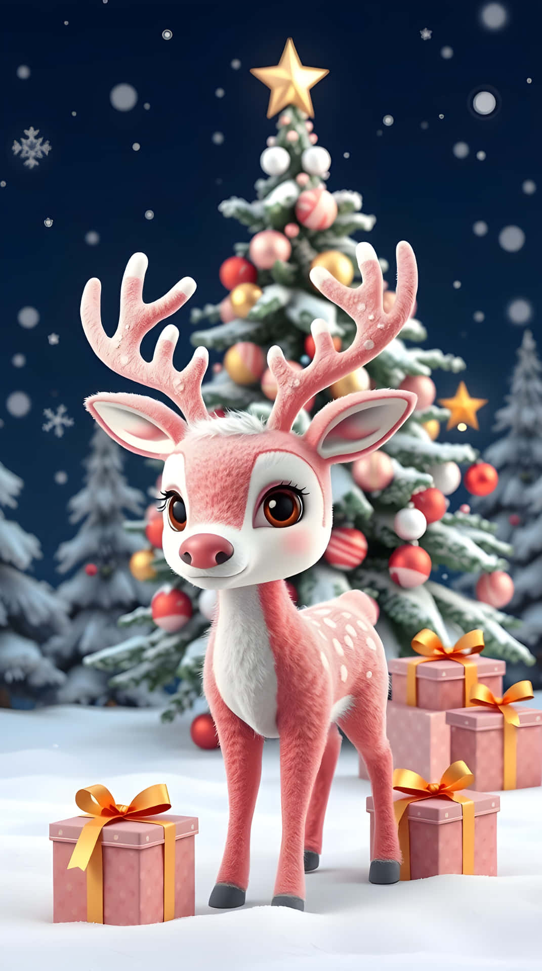 Cute Pink Reindeer Christmas Wallpaper 壁紙 — 一隻可愛的粉紅色鹿，帶有白色斑點，站在雪地中，旁邊是裝飾好的聖誕樹和禮物盒，雪花飄落。
