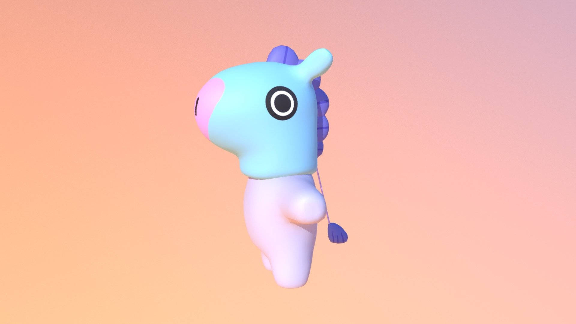 mang bt21 桌布 壁紙 — 一隻可愛的粉藍色3D渲染獨角獸，擁有紫色鬃毛和尾巴，漂浮在柔和的蜜桃漸變背景上。