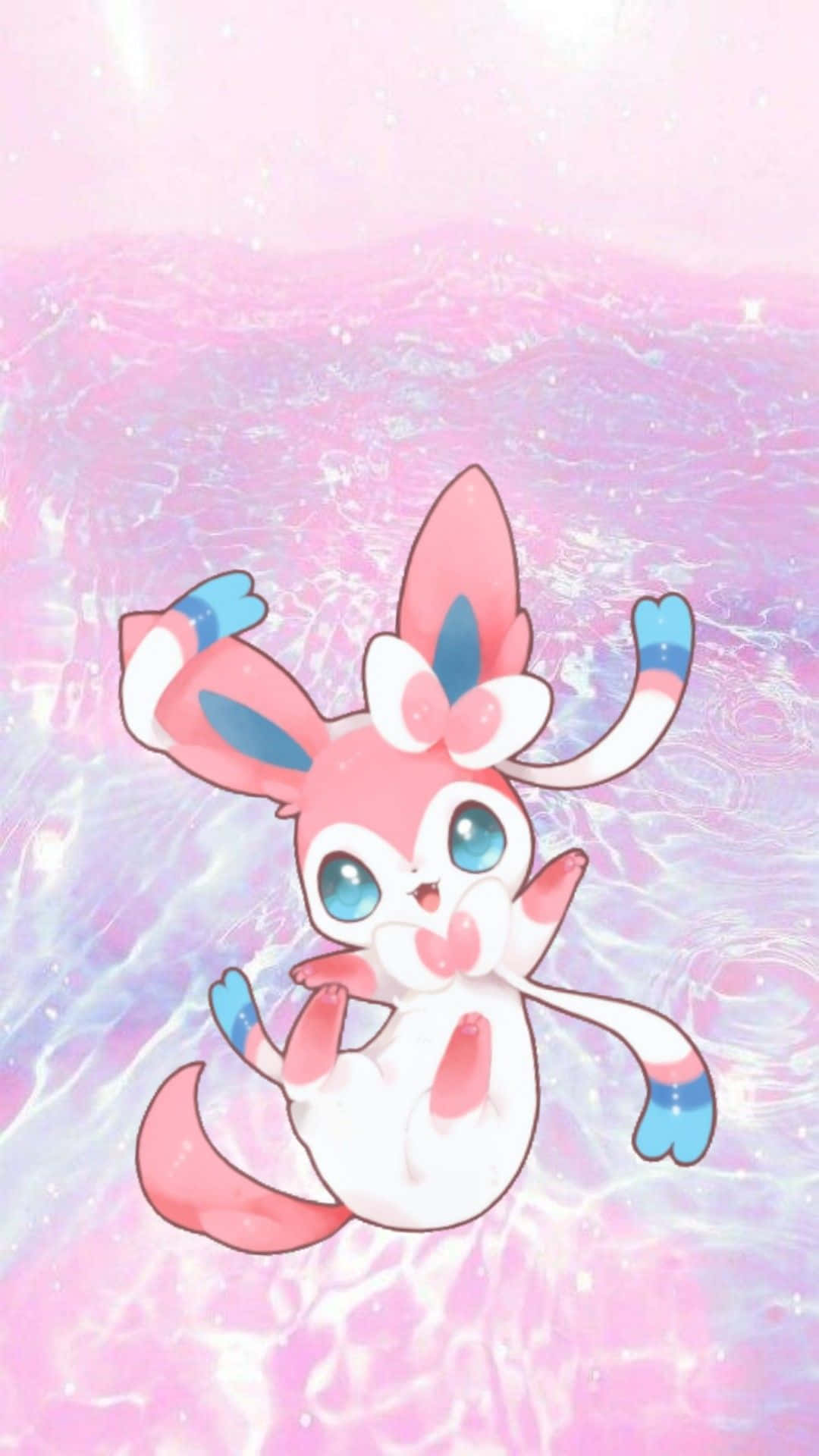 Cute Sylveon 桌布 壁紙 — 一隻可愛的粉藍色動漫風格寶可夢在閃閃發光的粉彩水背景中快樂地漂浮。