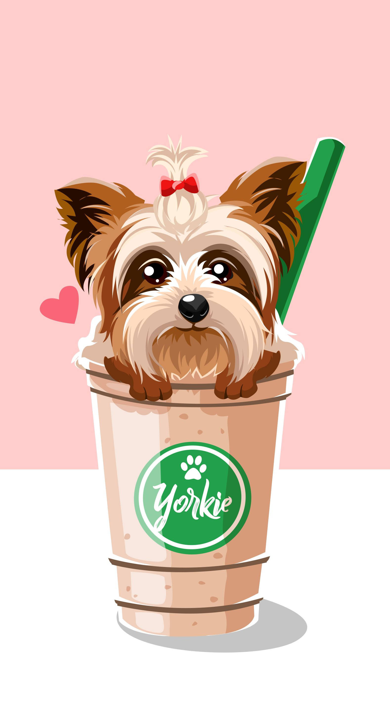 Terrier 桌布 壁紙 — 一隻可愛的約克夏㹴小狗戴著紅色蝴蝶結，從一個有綠色吸管的品牌飲料杯中探出頭來，背景是柔和的粉紅色。